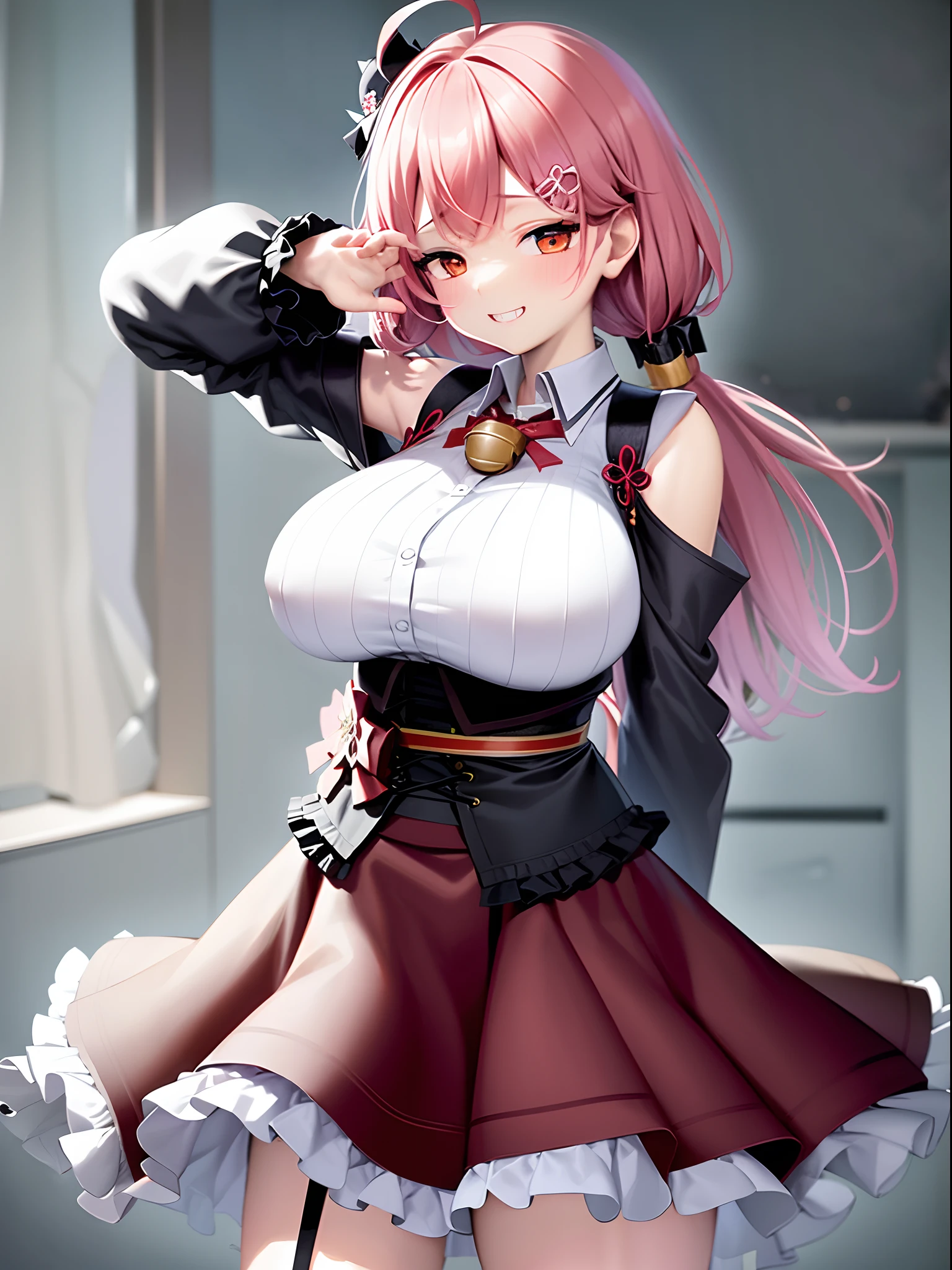 masutepiece, Best_Quality, hight_resolution, miko3,Ponytail, 1girl, Ahoge, black headwear, Hair Ornament, White shirt, black thighhighs, Pink hair, Red_skirt, (very_short_skirt:1.5), plaid skirts, garter_strap, Collared shirt, hair clips, frilld, Bangs, hair between eye, frills skirt, beret, Pleated skirt, Hair Flower, Neck bell, , puffy long sleeves, Black bow, Underbust, Cowboy Shot,Smile, (gigantic_breasts:1.3),(covered_nipples:1.3), covered_pussy,(closed_eyes:1.3), (happy:1.5), childlike_posing,spread_legs,(smile:1.4),plump,open_mouth, (open_clothes:1.2),cleavage,(Panty_shot:1.3),(apart_legs:1.3)