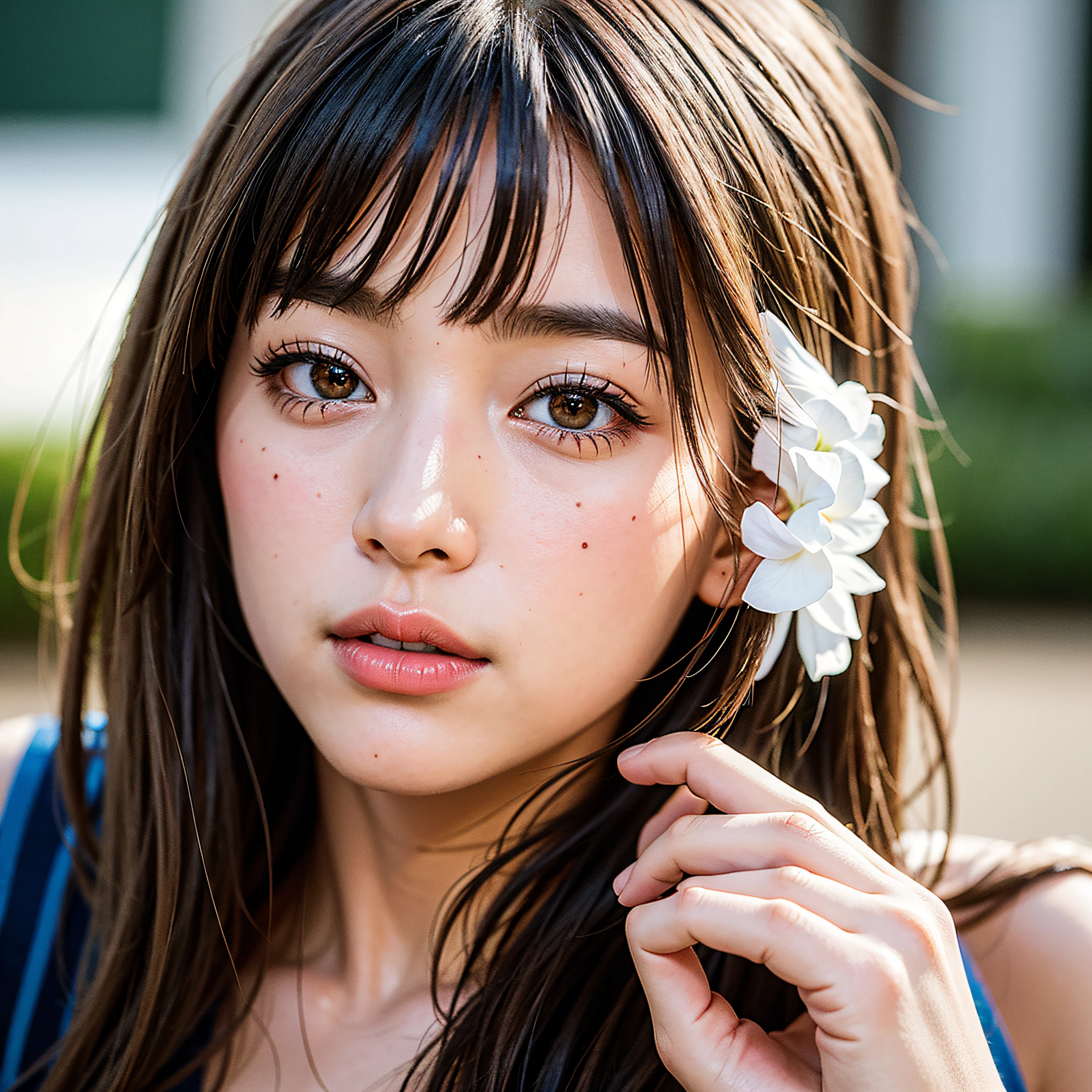 Best quality, face focus, soft light, super high resolution, (Realism: 1.4), raw photo, one Japanese girl, one person, cute, (pupils, light in eyes), beautiful face details, (small box), (high resolution details of human skin texture), (long hair), (portrait),((Colorful Bikinis:1.3)), Swimwear,Upper Body,