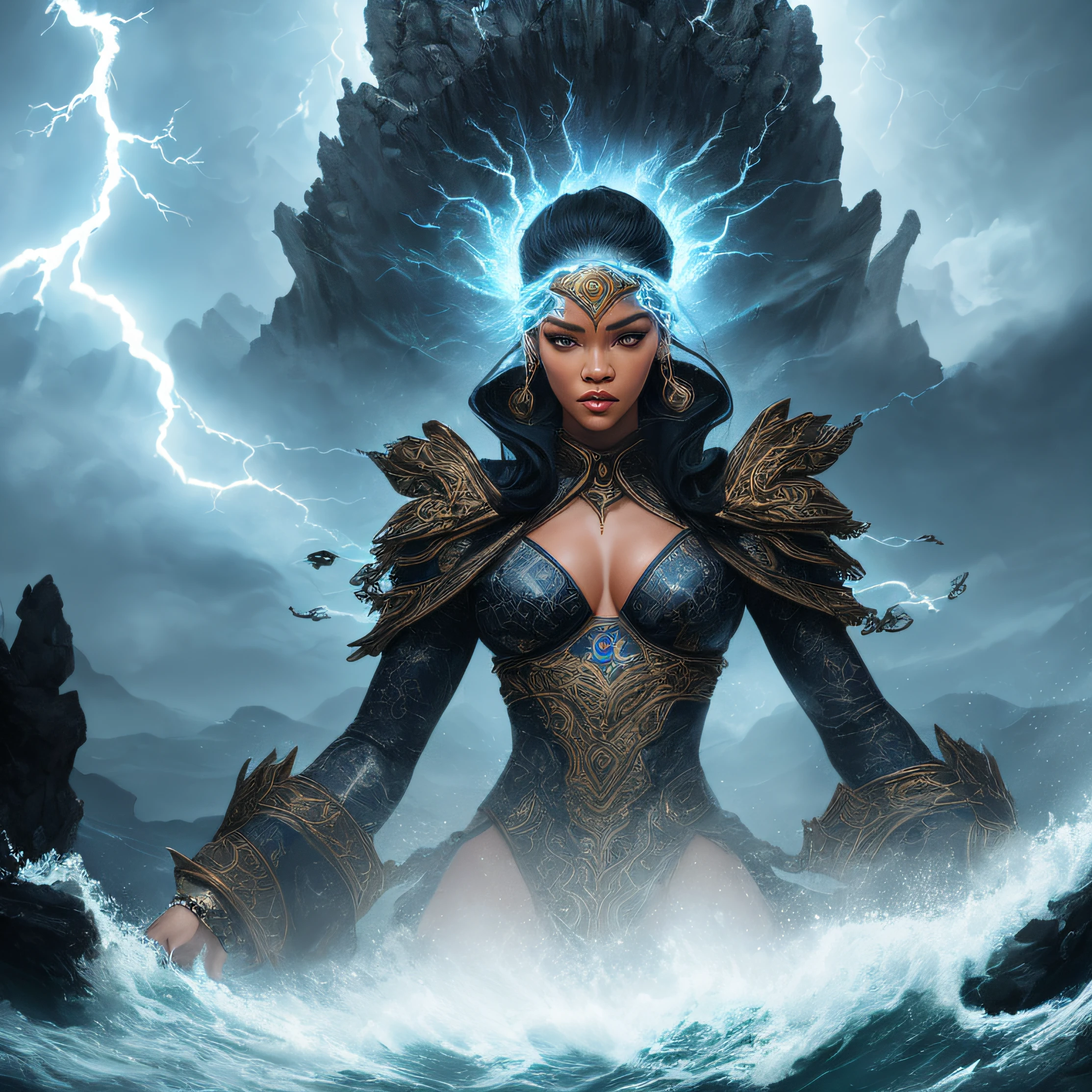 giant female God emerging from the water, face of rihanna with fresh scar , shi is very slim and fit, powerful and beautiful face and very detailed, lightning and storm in the sky, intricately detailed robes, determined gaze, 50mm camera, epic, dramatic environment, blazing light