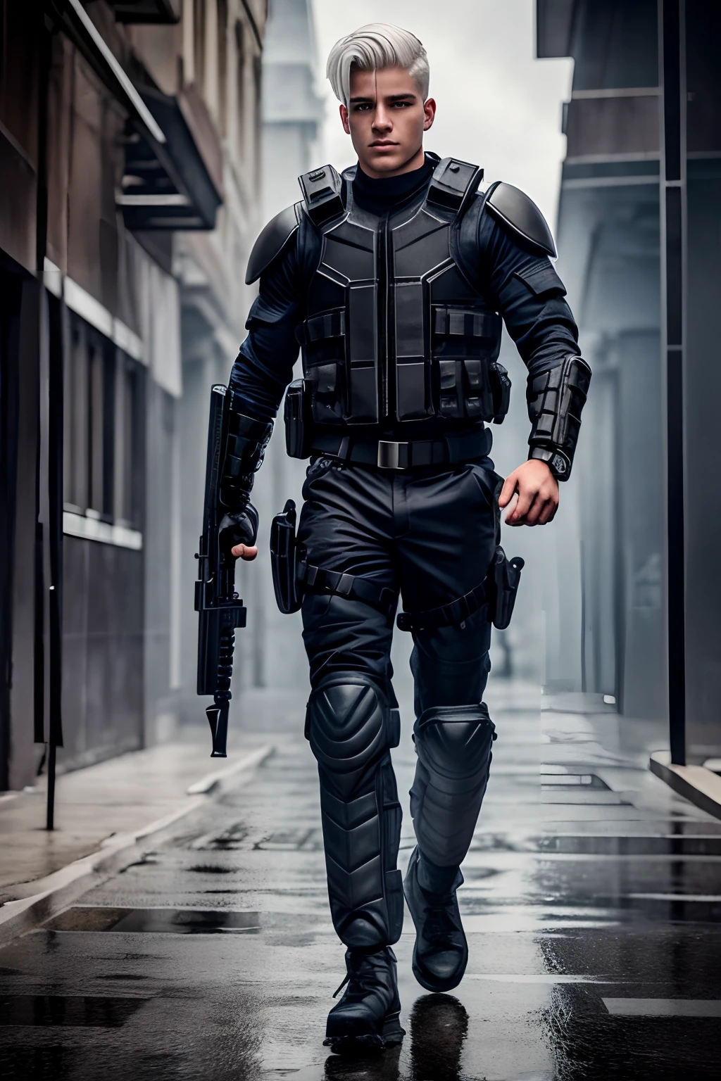 Teen male, swat fighter, white hair, wet, masculine square face, full body view, 8k, atmospheric, armoured vest, city