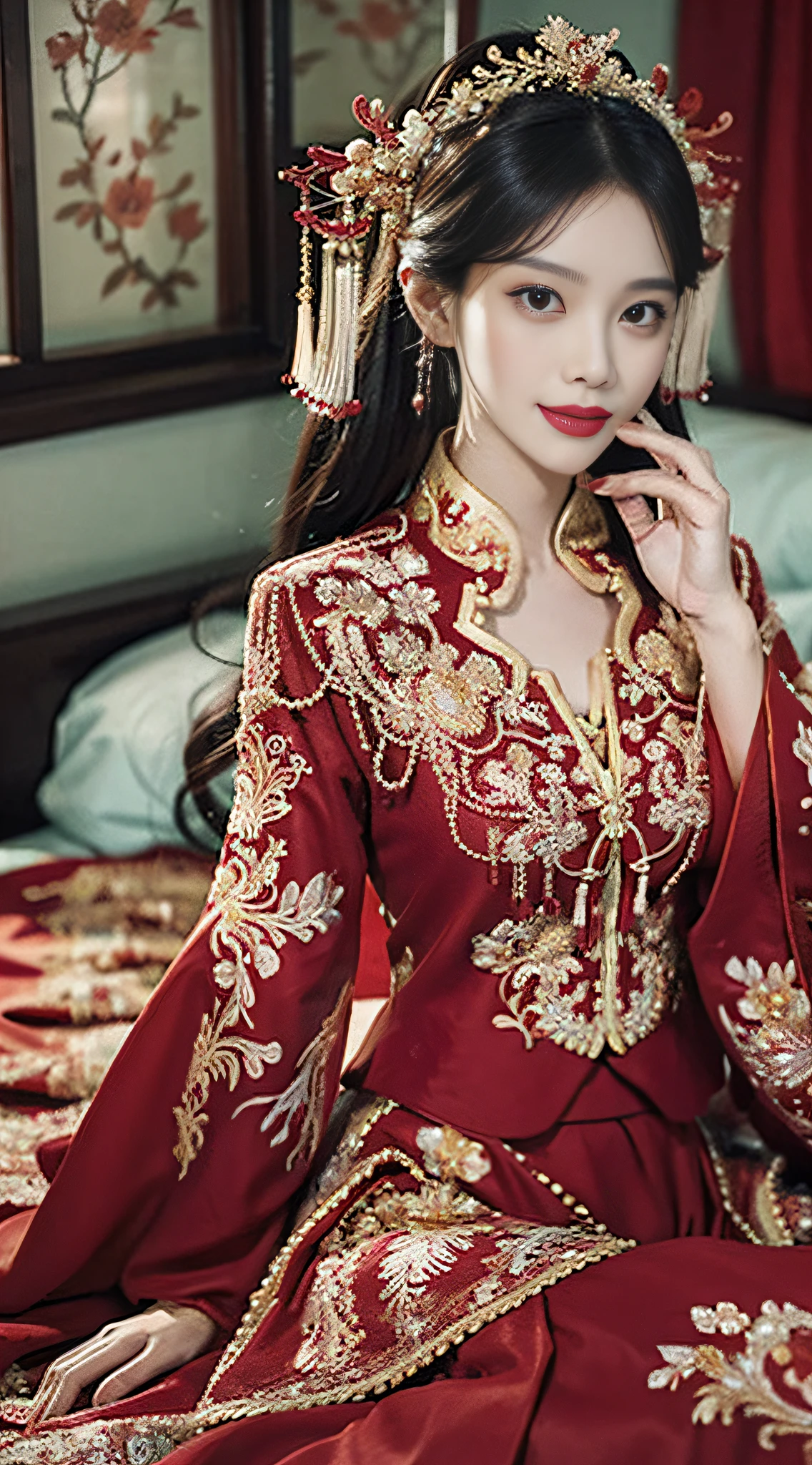 （Ultra-realistic 8k CG：1.2），Perfect artwork，delicate patterns，intricately details，（Unbeatable masterpiece，Best quality at best：1.2），（extremly intricate：1.2），A woman in a red and gold dress，Phoenix crown，hair stick，（sitting on red bed），cosmetics，Blushlush，is shy，black_hair，looking-down，cosmetics，（forehead dot），（2 red candles），chinese_clothes，窗帘，耳Nipple Ring，hair_ornament，Hanfu， inside in room， jewely， rednails， long_sleeves， Red dress， Redlip， nipple tassels， （Red quilt），（red palace：1.2），（Chinese Ancient Architecture），（rot：1.8），Look at the camera with your face，（Wrap the chest），（The entire chest does not leak），