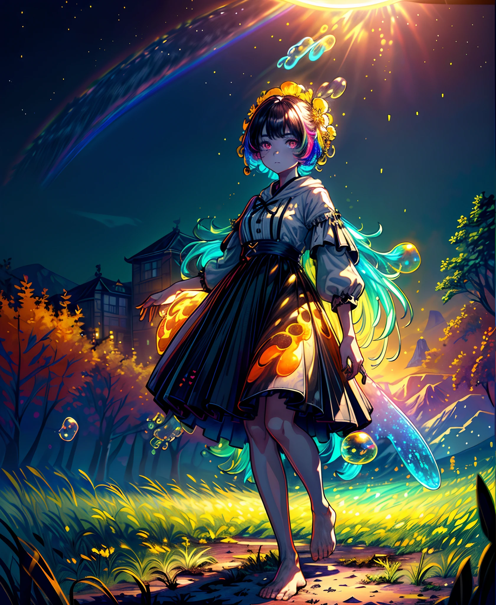 (Masterpiece), (Best Quality), (Official Art, Highly Detailed CG Unity 8k Wallpaper), (Very Detailed), (((Absurd)), 1 Girl, Midshot, (Exquisite Facial Features), (Serafuk: 1.3) ((SFW)), ((Clean Hands)), (White Neeso without shoes)), Aqua Eye, Colored Contact Lenses, Stars in the Eyes, (((((Colorful Bubbles)))), Colorful Glass, (Album cover) Vast landscape photo, (sky up, field below), girl standing in a flower field and looking up, (full moon: 1.2), (meteor: 0.9), (nebula: 1.3), distant mountains, trees BREAK craft art, (warm light: 1.2), (fireflies: 1.2), lights, lots of purple and orange, intricate details, voluminous lighting, realism BREAK (masterpiece (Best Quality), 4k, Ultra Detail, (Dynamic Composition: 1.4), Very Detailed, Colorful Details, (Rainbow Color: 1.2), (Glow Lighting, Atmospheric Lighting), Dreamy, Magical, (Solo: 1.2)