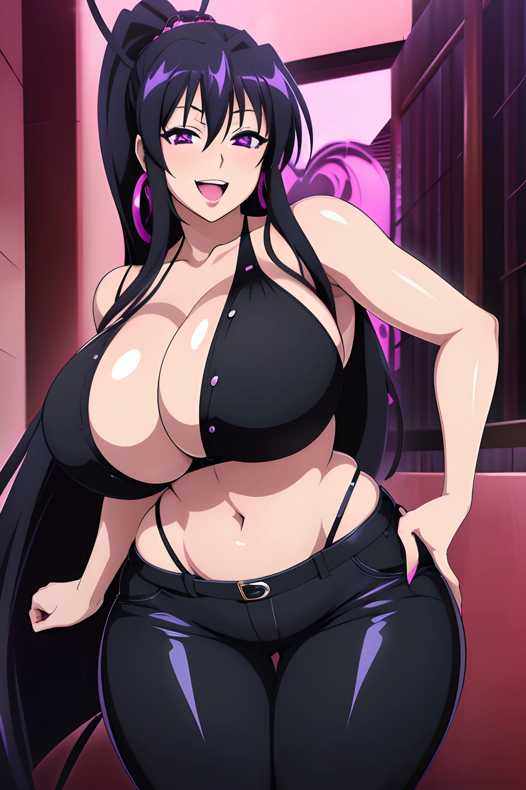 Akeno Himejima, 1girl, (((bimbo))), long black hair, purple eyes, ear rings, (((bimbo))), puffy lips, painted lips, thick lips, open mouth, smile face, wide hips, thick thighs, huge round ass, huge natural breasts, shiny oily breasts, black jeans, black top, gothic, gothic style, posing