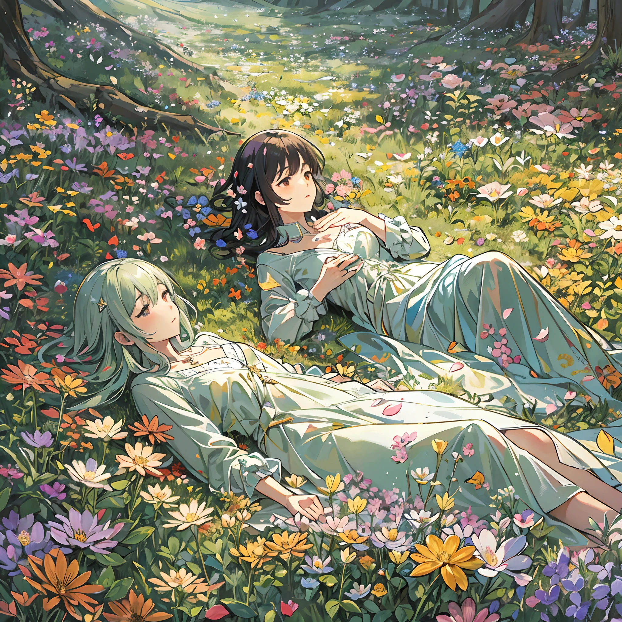 Anime Art Realistic Impressionist Classical Renaissance Tempera Two hairless female students lying down in different clothes and talking to each other Magic star dust and petals fluttering around Ultra High Resolution Spotlight Prism Light In the flower field Bright morning forest