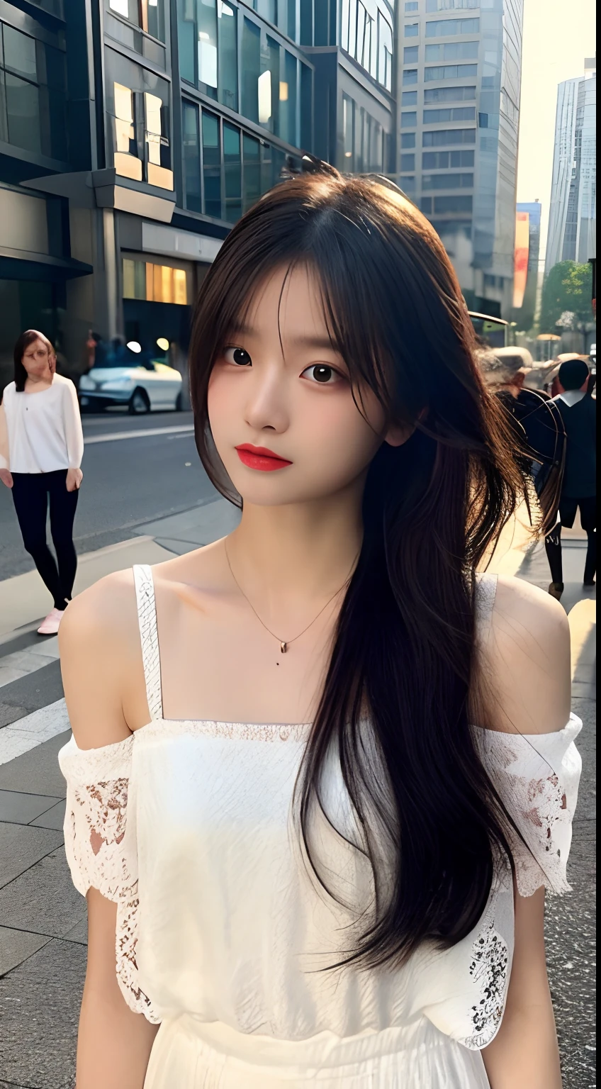 1 Girl,Main Street,Soft Light,Chinese Beauty,dress,Dark-haired,long hair,