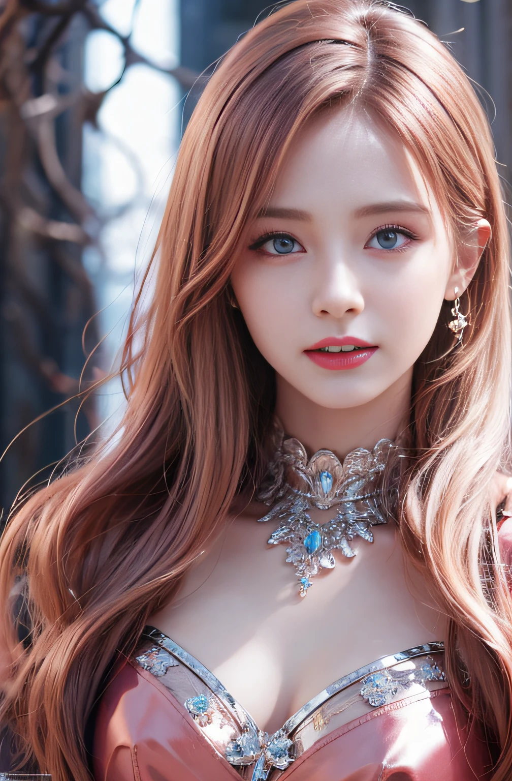 best quality, ultra high res, (photorealistic:1.4), (detailed beautiful girl:1.4), (medium breasts:0.8), looking_at_viewer, Detailed facial details, beautiful detailed eyes,pink hair, blue eyes, slender, haunting smile, (makeup:0.3), red lips, highly detailed clothes, (ulzzang-6500-v1.1:0.3)