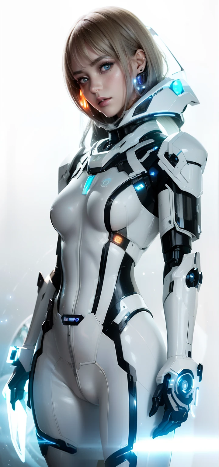 girl realistic and intricate perfect beauty face, detailed & asymmetric perfect sharp galaxy glowing eyes, detailed face, (((from face to the waist))), (((beauty shape))), ((in realistic neon-lit sci-fi white plugsuit metal mech parts and robotic tentacles with neon-lit lights)), masterpiece, 4k, UHD