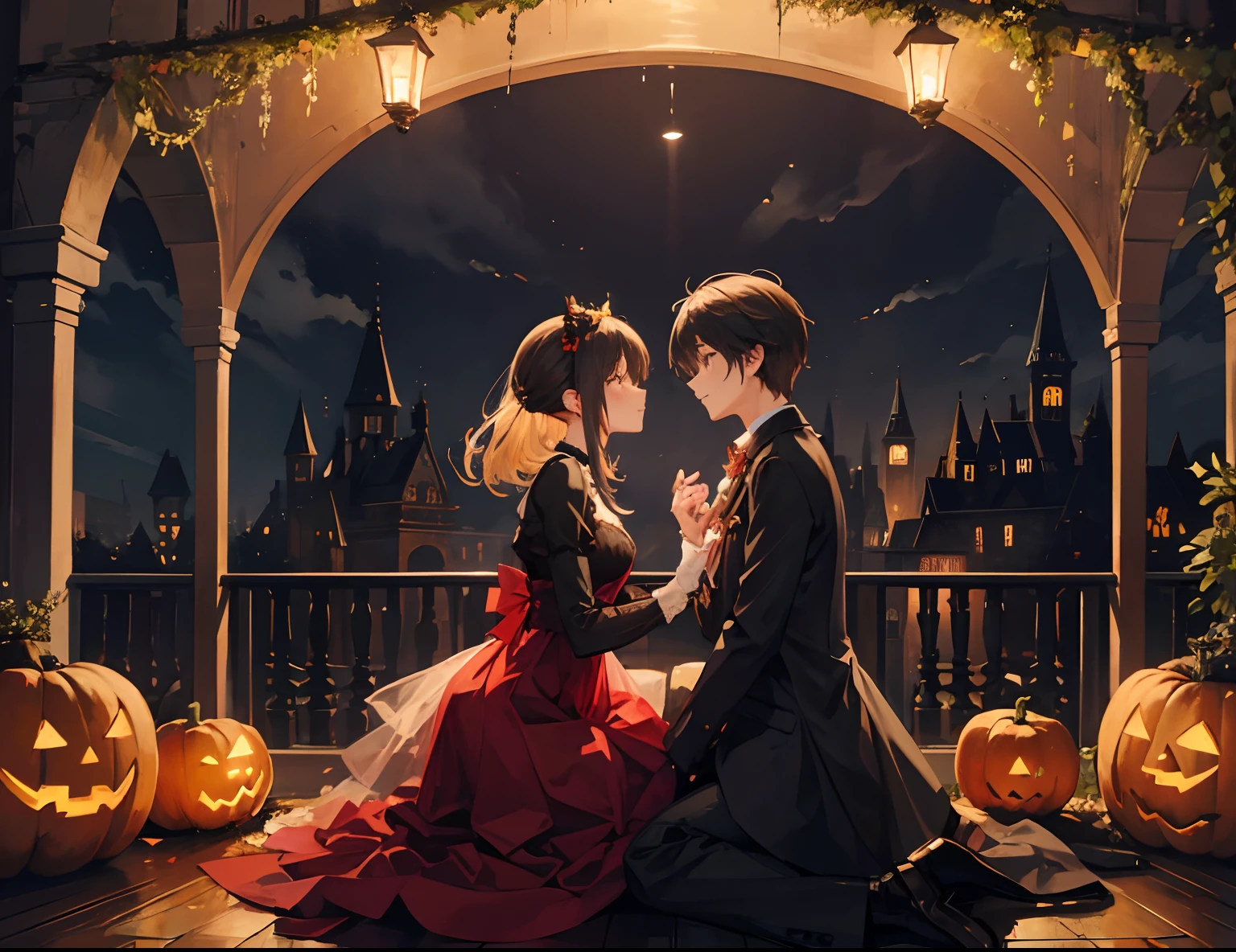 A couple during halloween, romantic atmosphere, happy atmosphere, landscape
