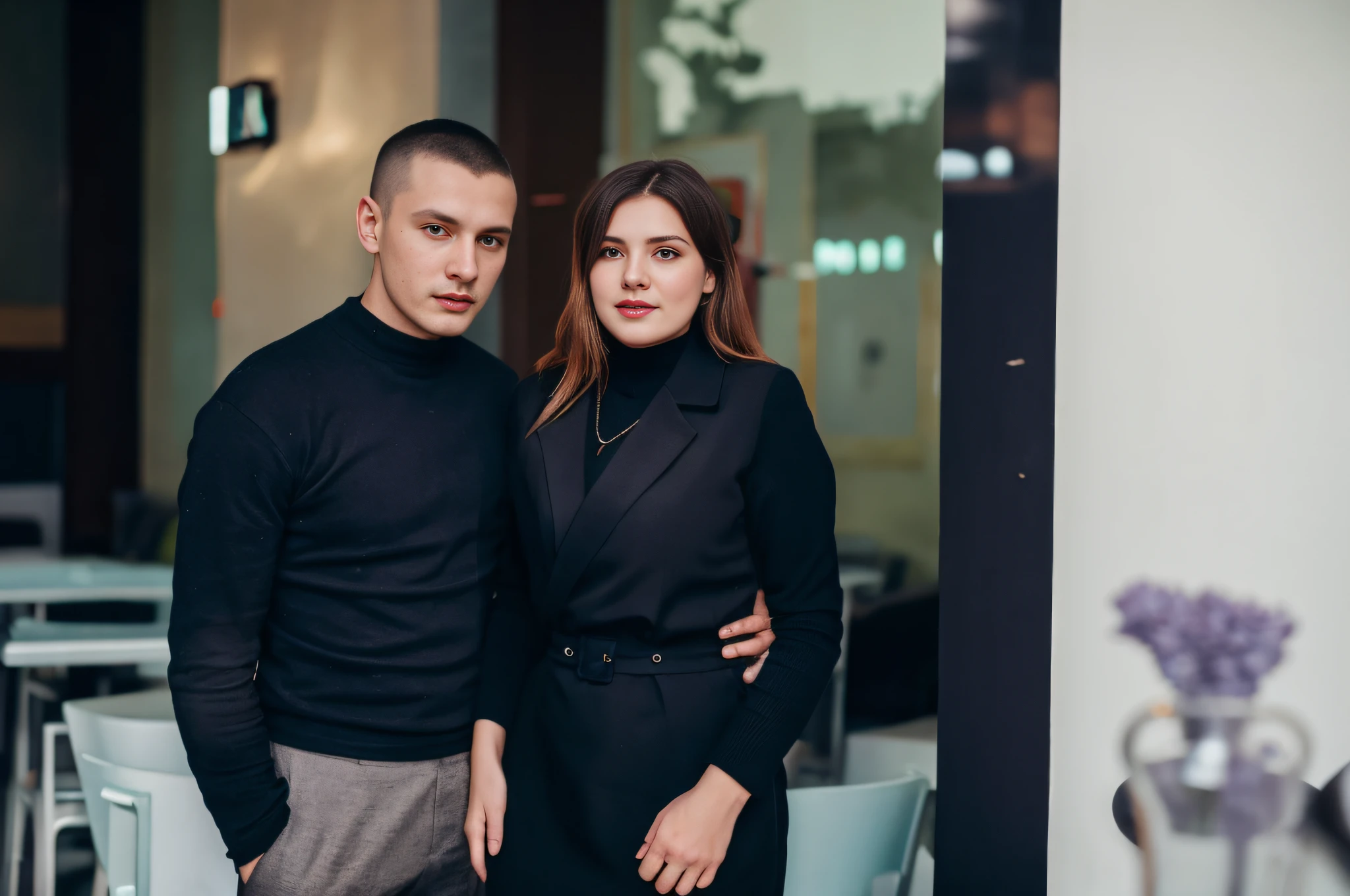 Two people stand next to each other in a restaurant, jovana rikalo, by Emma Andijewska, in style of kyrill kotashev, by Zofia Stryjenska, alexandra fomina, by Maksimilijan Vanka, dasha taran, viktoria gavrilenko, anna nikonova, alina ivanchenko