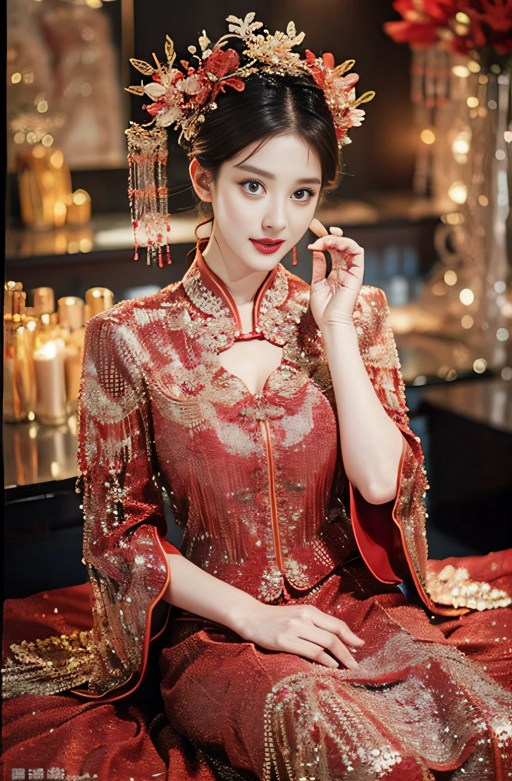 (Ultra-realistic 8k CG:1.2),Perfect artwork,delicate patterns,intricately details,(Unbeatable masterpiece,Best quality at best:1.2),(extremly intricate:1.2),A woman in a red and gold dress,Phoenix crown,hair stick,(sitting on red bed),cosmetics,Blushlush,is shy,black_hair,looking-down,cosmetics,(forehead dot),(2 red candles),chinese_clothes,窗帘,耳Nipple Ring,hair_ornament,Hanfu, inside in room, jewely, rednails, long_sleeves, Red dress, Redlip, nipple tassels, (Red quilt),(red palace:1.2),(Chinese Ancient Architecture),(rot:1.8),Look at the camera with your face,(Wrap the chest),(The entire chest does not leak),