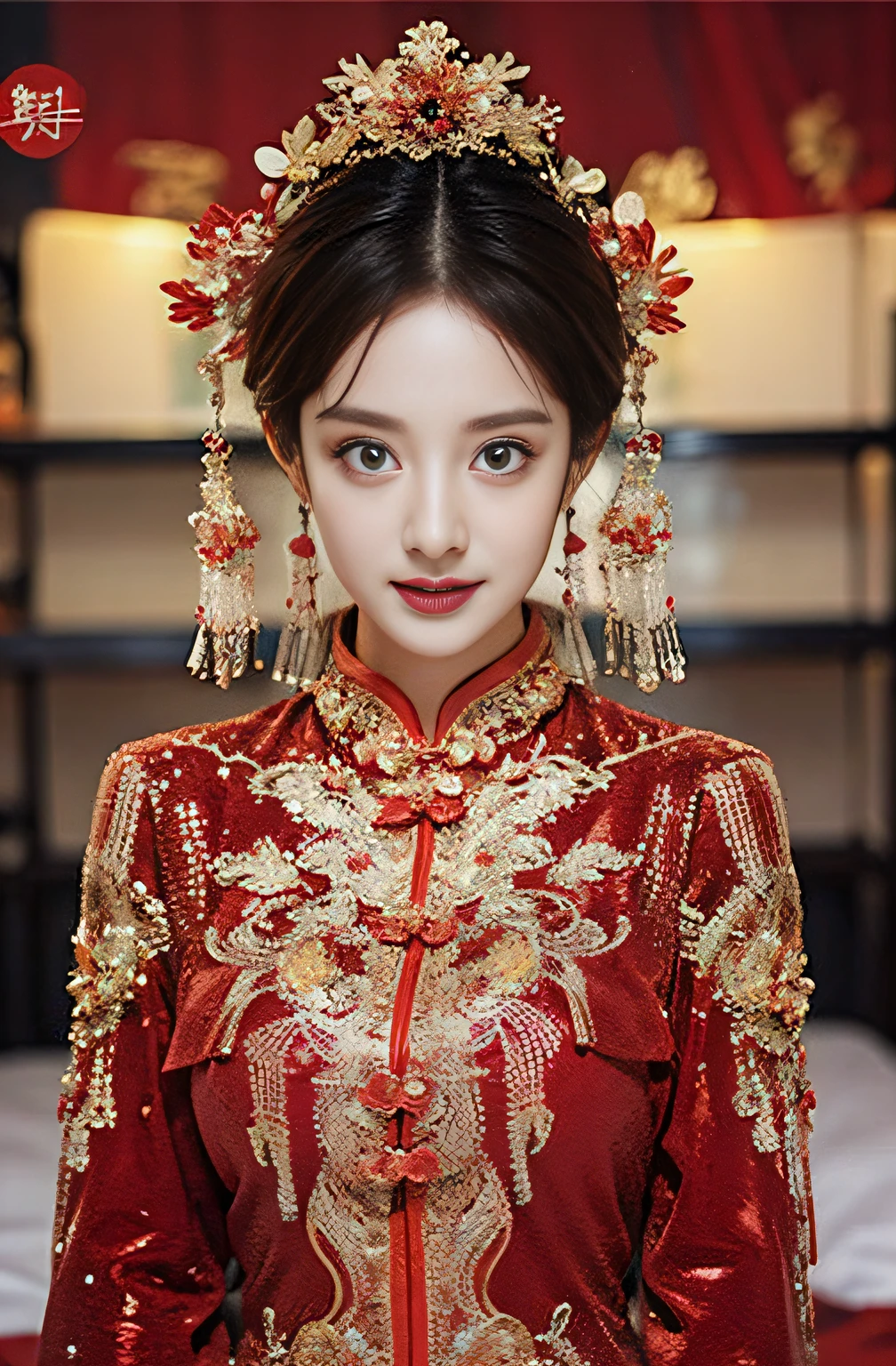 (Ultra-realistic 8k CG:1.2),Perfect artwork,delicate patterns,intricately details,(Unbeatable masterpiece,Best quality at best:1.2),(extremly intricate:1.2),A woman in a red and gold dress,Phoenix crown,hair stick,(sitting on red bed),cosmetics,Blushlush,is shy,black_hair,looking-down,cosmetics,(forehead dot),(2 red candles),chinese_clothes,窗帘,耳Nipple Ring,hair_ornament,Hanfu, inside in room, jewely, rednails, long_sleeves, Red dress, Redlip, nipple tassels, (Red quilt),(red palace:1.2),(Chinese Ancient Architecture),(rot:1.8),Look at the camera with your face,(Wrap the chest),(The entire chest does not leak),