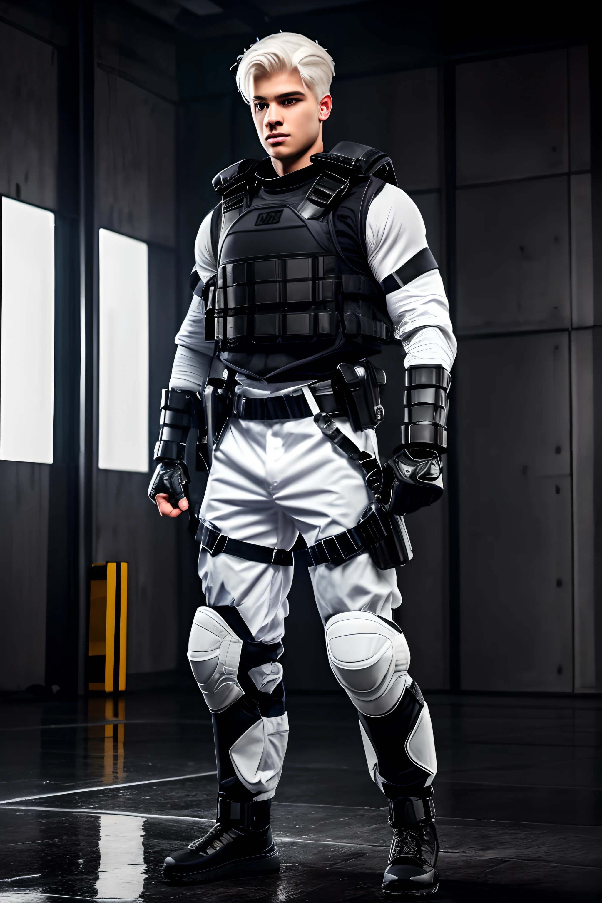  male, swat fighter, white hair, wet, masculine square face, full body view, 8k, atmospheric, armoured vest, city