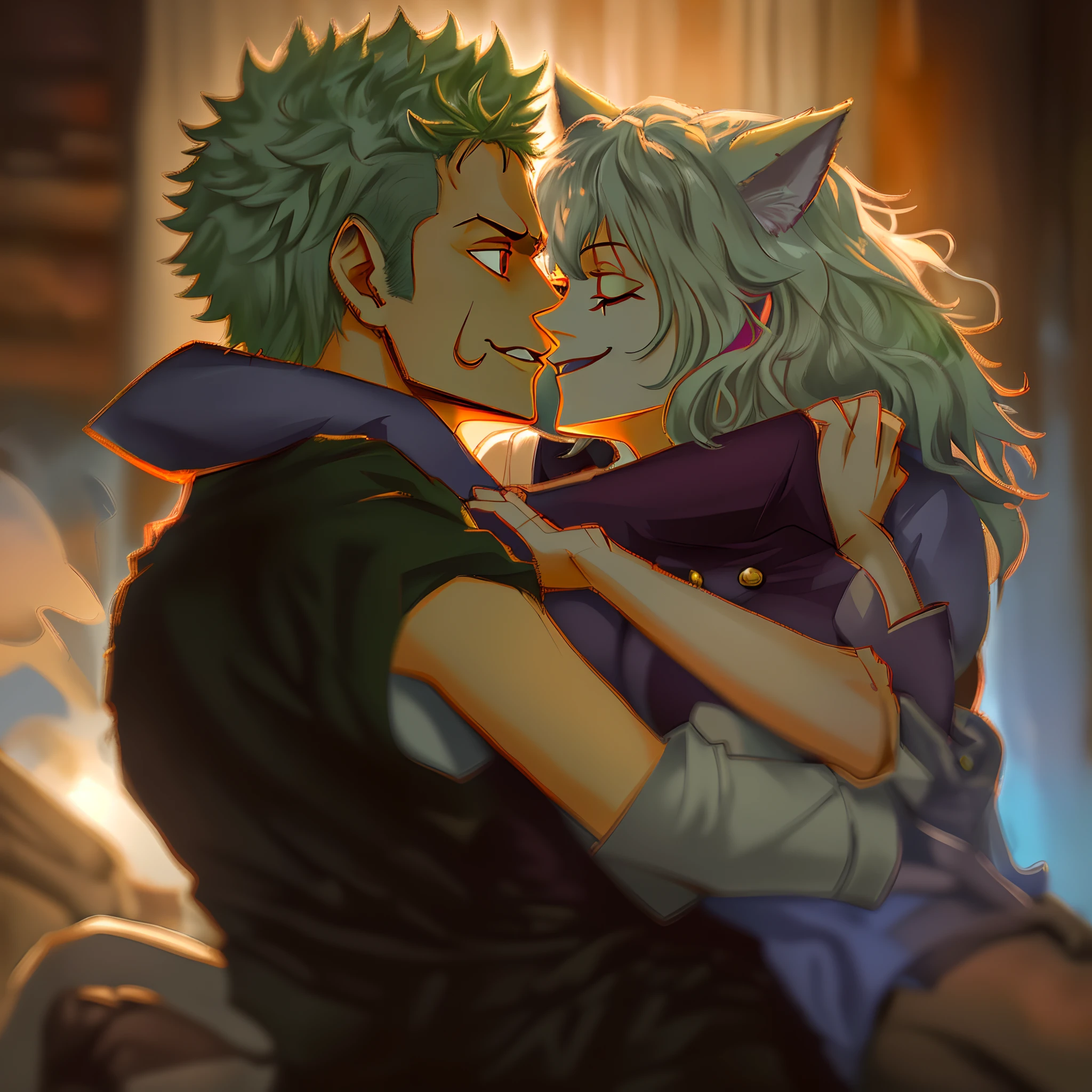 neferpitou,zoro,couple,husband and wife,love dovey couple,sitting,hug,kiss,smile,masterpiece:1.2,ultra-detailed,realistic:1.37,portraits,vivid colors,warm tones,soft lighting, one piene, hunterxhuntet, catgirl