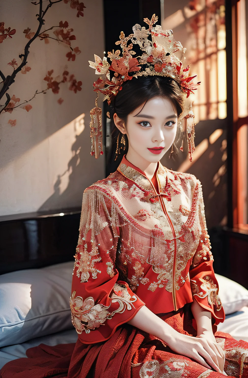 (Ultra-realistic 8k CG:1.2),Perfect artwork,delicate patterns,intricately details,(Unbeatable masterpiece,Best quality at best:1.2),(extremly intricate:1.2),A woman in a red and gold dress,Phoenix crown,hair stick,(sitting on red bed),cosmetics,Blushlush,is shy,black_hair,looking-down,cosmetics,(forehead dot),(2 red candles),chinese_clothes,窗帘,耳Nipple Ring,hair_ornament,Hanfu, inside in room, jewely, rednails, long_sleeves, Red dress, Redlip, nipple tassels, (Red quilt),(red palace:1.2),(Chinese Ancient Architecture),(rot:1.8),Look at the camera with your face,(Wrap the chest),(The entire chest does not leak),