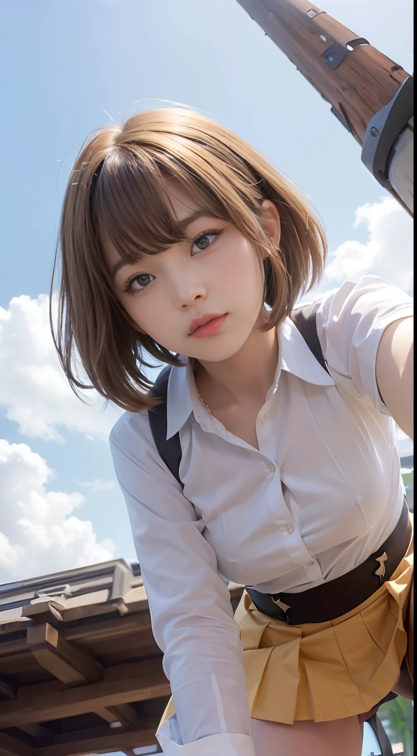 (shoot from below:1.5), Front angle, (from below :1.4), (crotch focus:1.2), (low angle:1.2), 
BREAK,
(masterpiece, best quality, highly detailed, ultra detailed, high resolution, absurdres, 4K, 8K:1.2), 
from below, Beautiful girl, 校服, White open collar blouse, pleatedskirt, Yellow panties, red blush, Troubled face, Medium bob hair, Light brown beautiful hair,