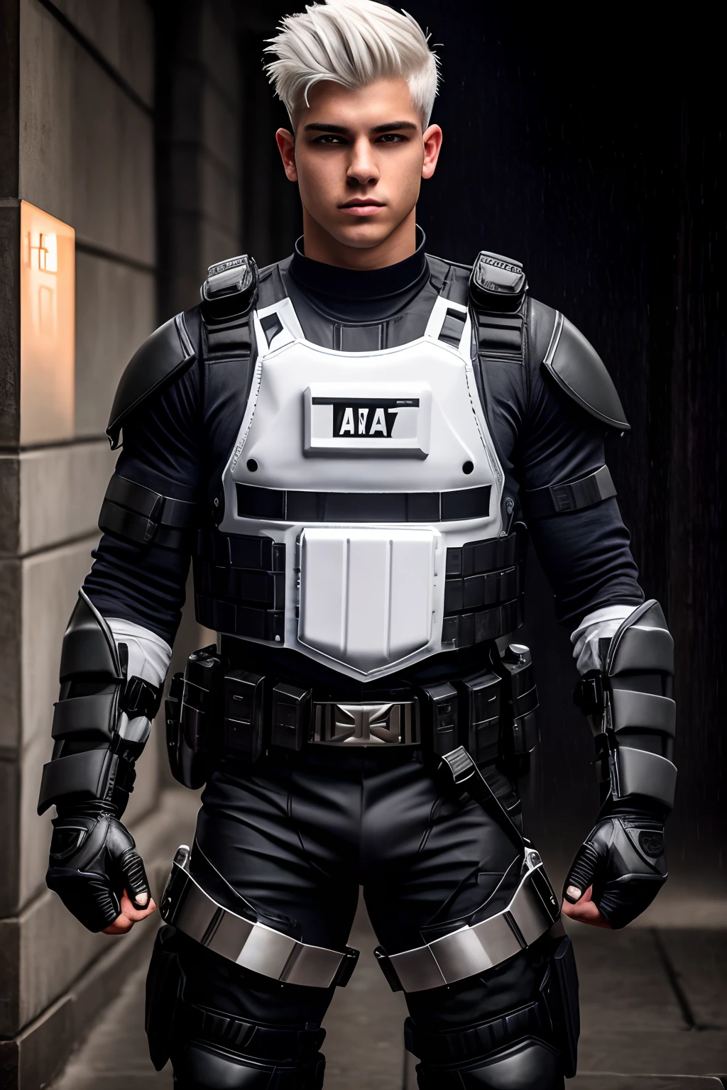 Teen male, swat fighter, white hair, wet, masculine square face, full body view, 8k, atmospheric, armoured vest, city, bottomless, cumshot