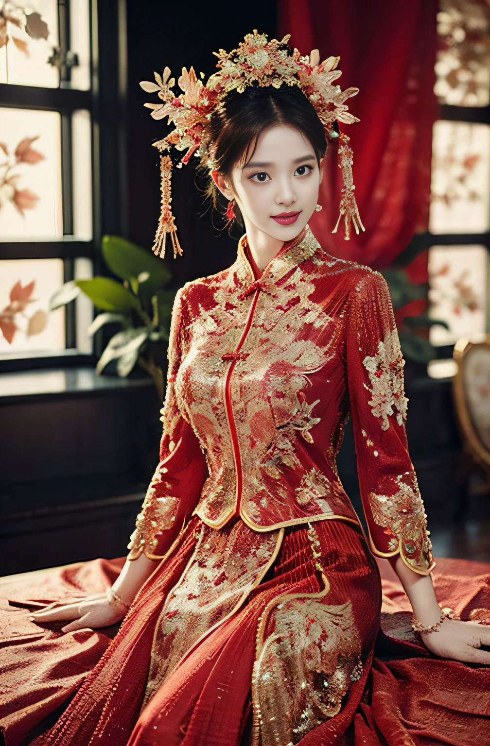 （Ultra-realistic 8k CG：1.2），Perfect artwork，delicate patterns，intricately details，（Unbeatable masterpiece，Best quality at best：1.2），（extremly intricate：1.2），A woman in a red and gold dress，Phoenix crown，hair stick，（sitting on red bed），cosmetics，Blushlush，is shy，black_hair，looking-down，cosmetics，（forehead dot），（2 red candles），chinese_clothes，窗帘，耳Nipple Ring，hair_ornament，Hanfu， inside in room， jewely， rednails， long_sleeves， Red dress， Redlip， nipple tassels， （Red quilt），（red palace：1.2），（Chinese Ancient Architecture），（rot：1.8），Look at the camera with your face，（Wrap the chest），（The entire chest does not leak），