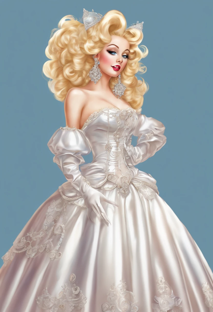 A stunningly beautiful blonde fairytale Princess shining with Royal Pomp and Regal Splendor, wearing a Stately and (((Elaborate))) Royal Cinderella Wedding Dress of Silver and White Brocade, with (((enormous puffed sleeves))) a stiffly boned, padded and corseted bodice, an hourglass waist, a (((huge crinoline hoopskirt))) and (((bustle))), adorned with ribbons, bows, roses, lace, ruffles, frills, embroidery, and jewels, elaborately curled and styled hair, long white gloves, pearl and diamond necklace and earrings