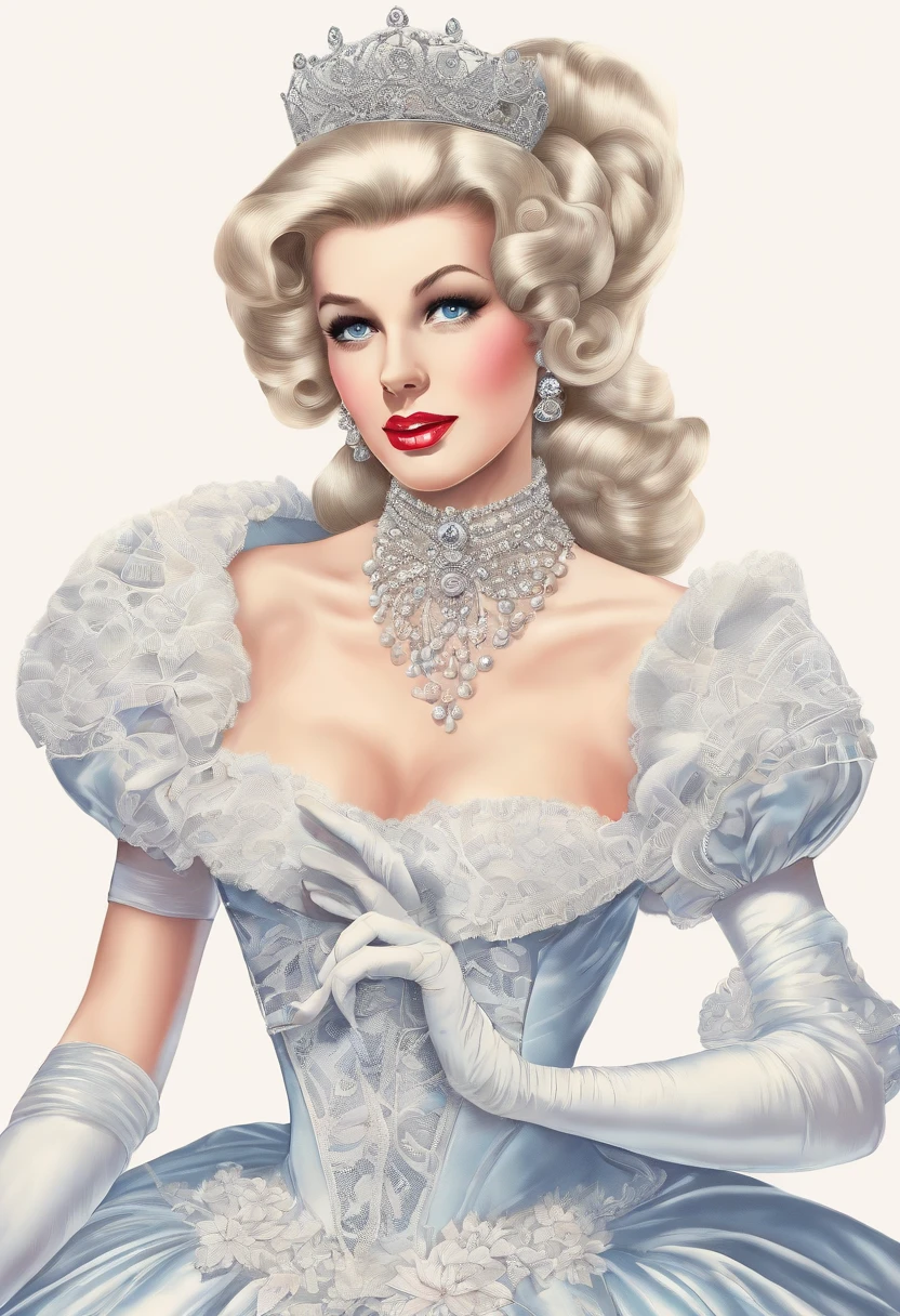 A stunningly beautiful blonde fairytale Princess shining with Royal Pomp and Regal Splendor, wearing a Stately and (((Elaborate))) Royal Cinderella Wedding Dress of Silver and White Brocade, with (((enormous puffed sleeves))) a stiffly boned, padded and corseted bodice, an hourglass waist, a (((huge crinoline hoopskirt))) and (((bustle))), adorned with ribbons, bows, roses, lace, ruffles, frills, embroidery, and jewels, elaborately curled and styled hair, long white gloves, pearl and diamond necklace and earrings