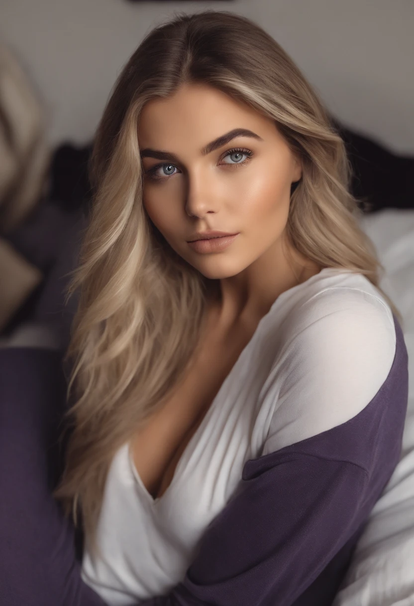Arafed woman completely , fille sexy aux yeux bleus, ultra realist, Meticulously detailed, Portrait Sophie Mudd, cheveux blonds et grands yeux, selfie of a young woman, Yeux de chambre, Violet Myers, sans maquillage, maquillage naturel, looking straight at camera, Visage avec Artgram, Maquillage subtil, Great photo of the whole body kneeling on the bed, dans la chambre, Medium to large bust, naturelle et simple, 24 ans, timide