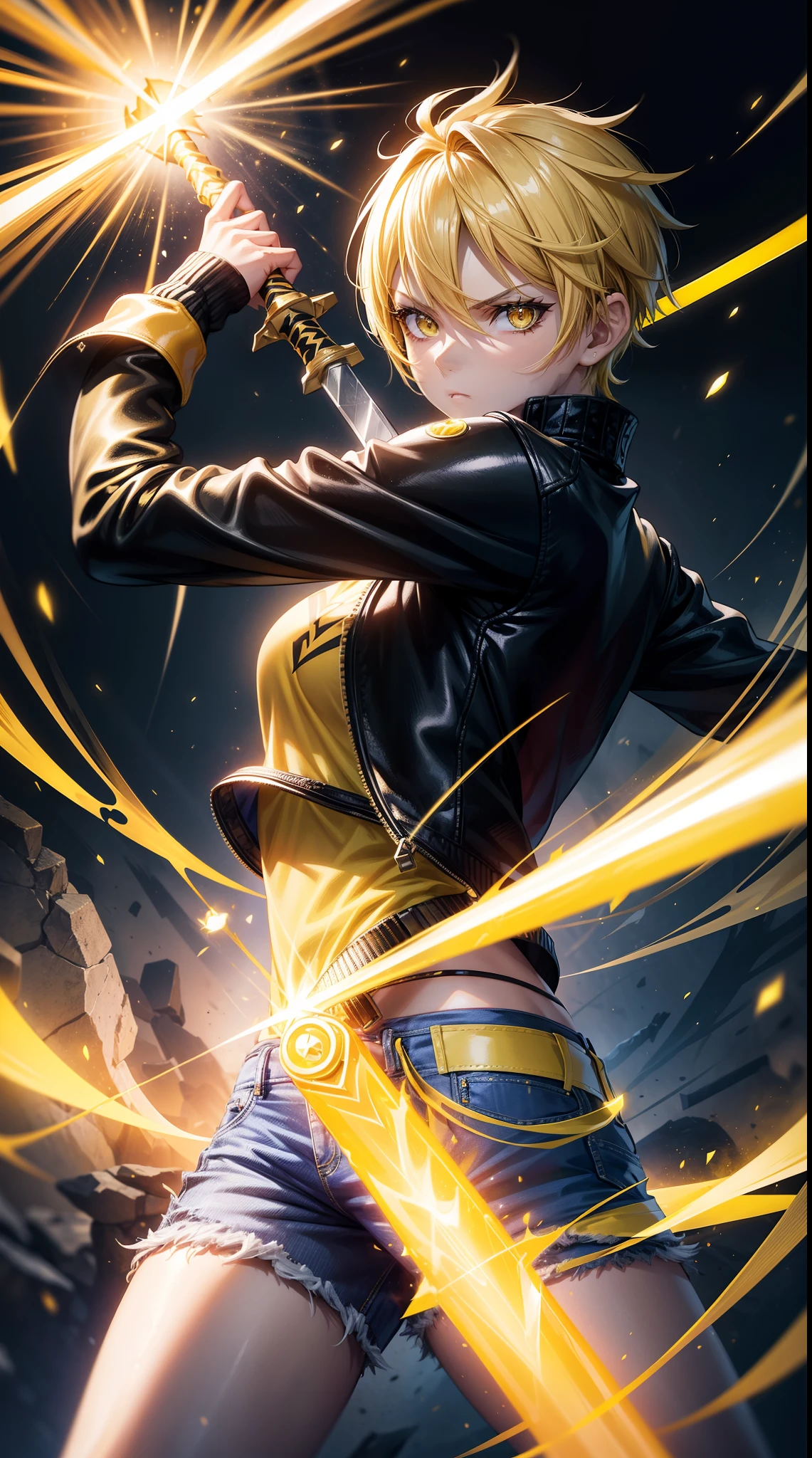 Woman, fight pose, Baddas stare,Hold a yellow sword with a yellow lightning emblem, yellow short wispy Pixie hair, yellow eyes, yellow short shirt, black hotpants jeans, black Jacket sweater ,In the middle of the shirt there is an omega symbol,HD lighting and dark )<=(epic image quality)dark atmosphere with bright particle light(many effects in background)