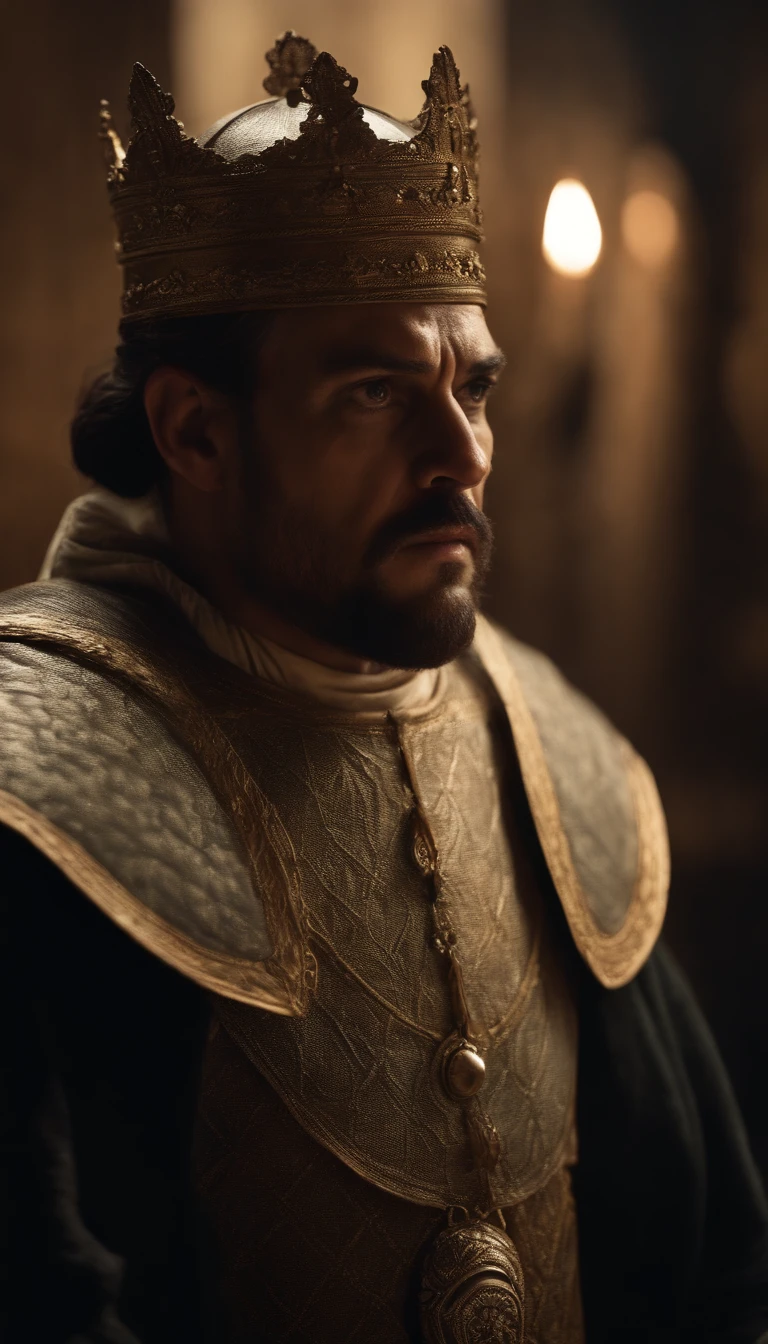 King side vision with serious facial expression. utra realista. period image , o monarca esta sendo fisto da cintura para cima. olhos e cabelos castanhos.