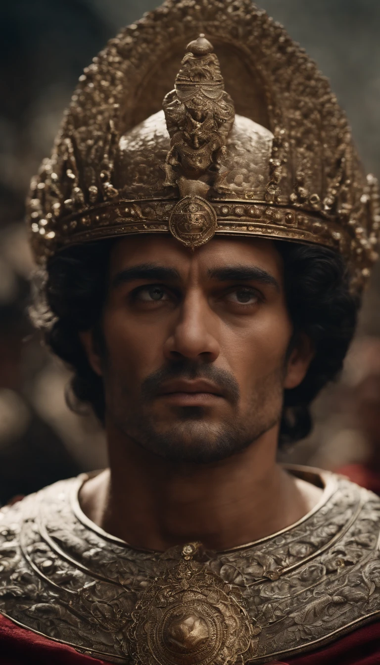 King side vision with serious facial expression. utra realista. period image , o monarca esta sendo fisto da cintura para cima. olhos e cabelos castanhos.