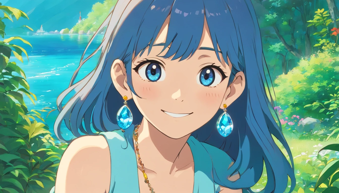 a depressed girl with a smile, a long necklace and earrings, in the style of tranquil gardenscapes, colorful animation stills, masami teraoka, aquamarine, paul gauguin, Embry style, honest portrayal