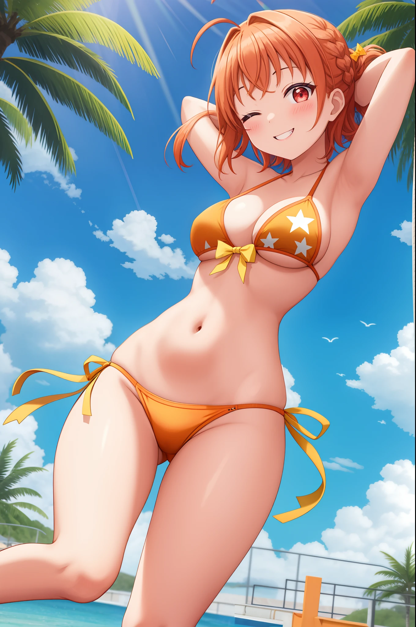 masterpiece, best quality, (1girl:1.000), (takami chika:1.000), curvy body, (bikini:0.995), (side-tie bikini:0.992), (swimsuit:0.991), (red eyes:0.988), (solo:0.985), (yellow bikini:0.981), (one eye closed:0.966), (navel:0.962), (star \(symbol\):0.958), (braid:0.937), (ahoge:0.924), (yellow footwear:0.921), (orange hair:0.880), (yellow bow:0.852), (smile:0.836), (breasts:0.834), (bangs:0.812), (v:0.810),(armpits:0.781), (standing:0.768), (medium breasts:0.760), (side braid:0.744), (short hair:0.693), arms behind back, (blush:0.598), (bow:0.588), (full body:0.572), (hair ornament:0.560), (looking at viewer:0.543), (simple background:0.524), (orange bikini:0.503)