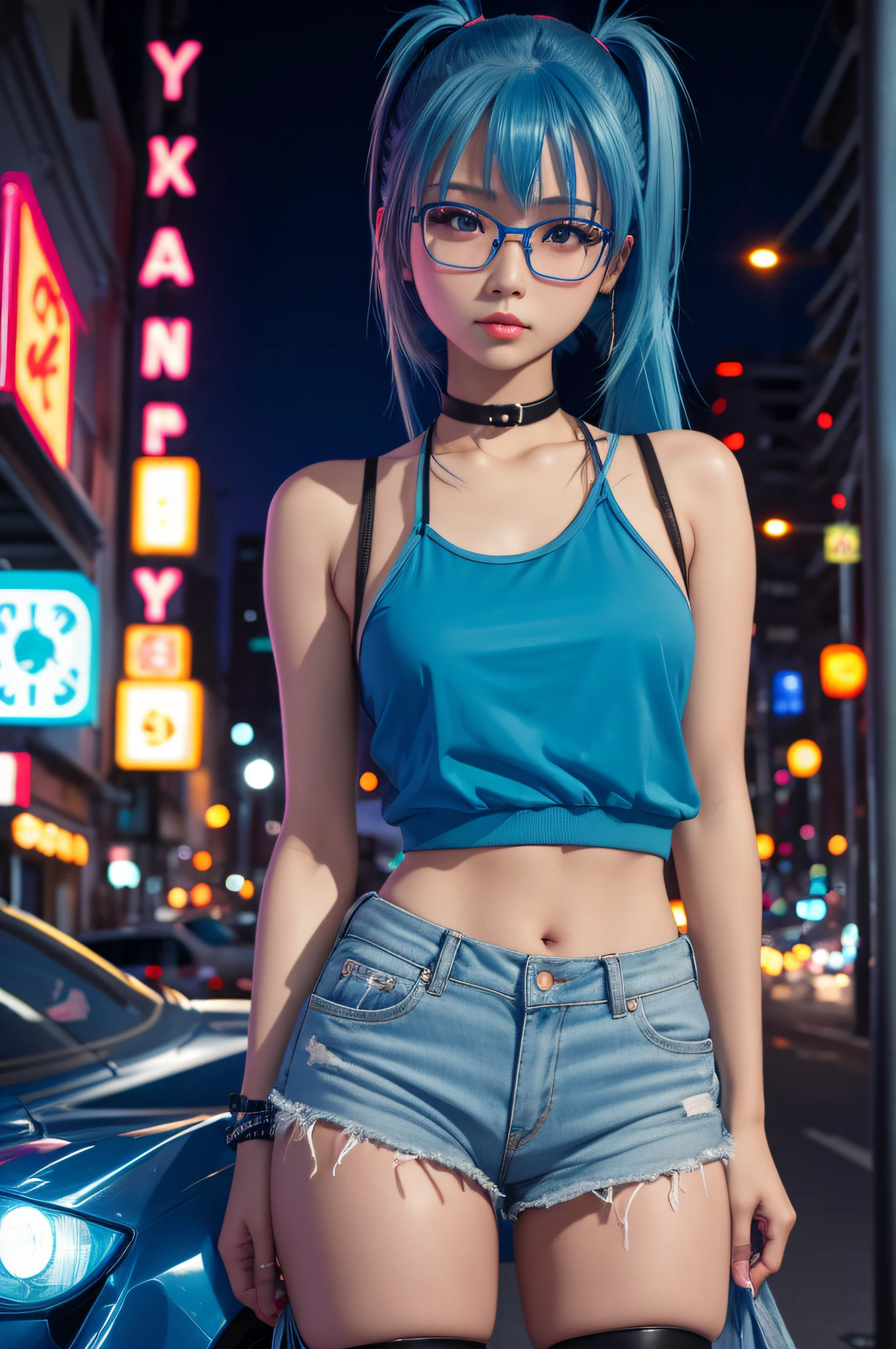 girl with,超A high resolution,Best Quality,Blue hair,poneyTail,eye glass,Neon Street,sportscar,90s fashion,