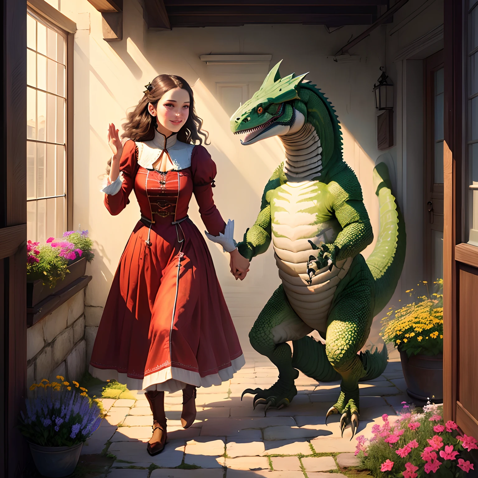 (best qualtiy,ultra - detailed,Most Best Illustration,Best shadow,tmasterpiece,A high resolution,professionalartwork,famousartwork)Bavarians in folk dresses greeting their reptiloid liberators with flowers
