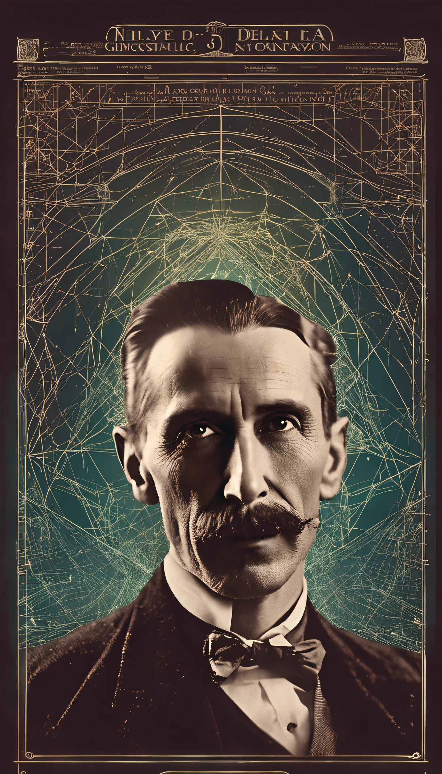um homem, foto retrato (Nikola Tesla), 30 anos, leve sorriso, olhar sonhador, Enclosed by holograms of mathematical formulas, Stars and galaxies in the background, Vestido dos anos 30, cena detalhada, anatomia exata, Rosto exato, ambiente escuro.