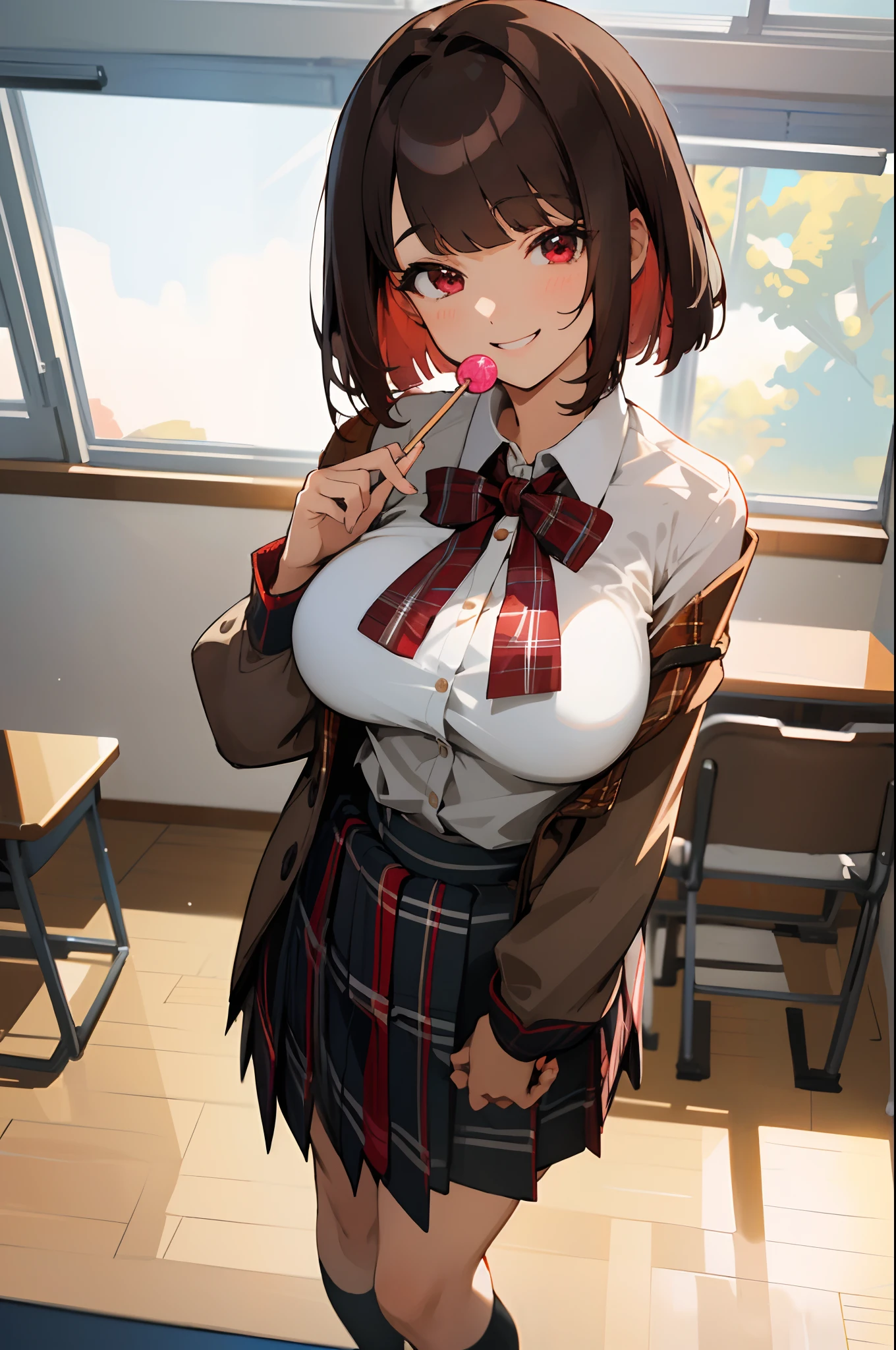 masterpiece, top-quality, dark brown hair:1.5、straight haired、Blunt bangs、bob cuts、Wine red eyes、Big breasts、Knitted Outerwear、White blouse shirt, Tartan checked skirt、The upper part of the body, From above, Look at viewers, cheeky grin, Grinning, After-school classroom、Holding a lollipop in his right hand