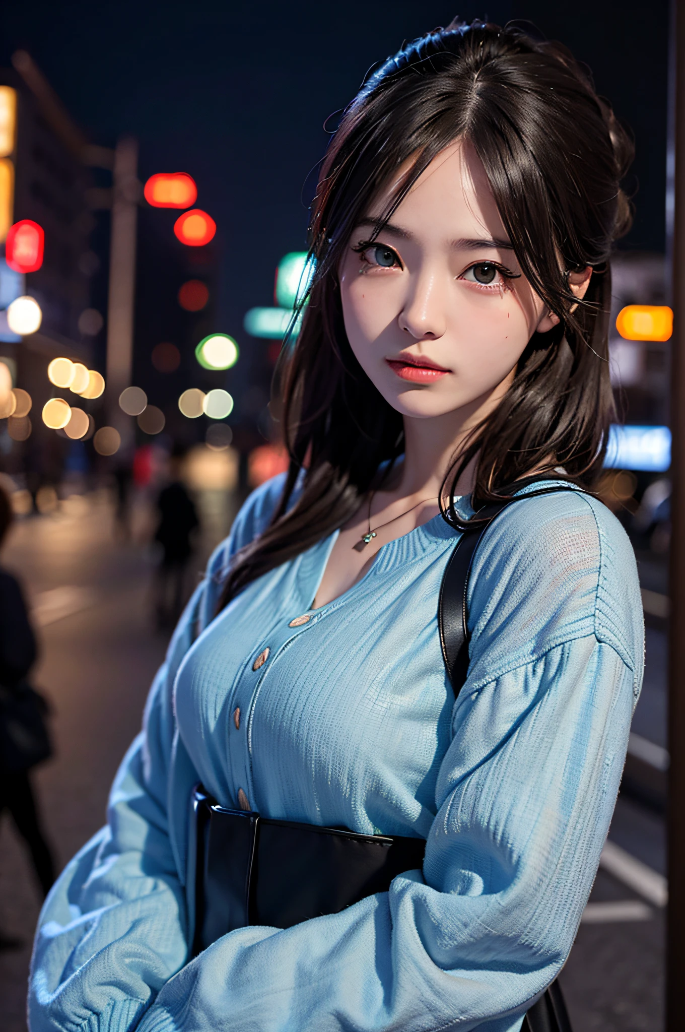 1girl, Tokyo street,night, cityscape,city lights, upper body,close-up, 8k, RAW photo, best quality, masterpiece,realistic, photo-realistic,