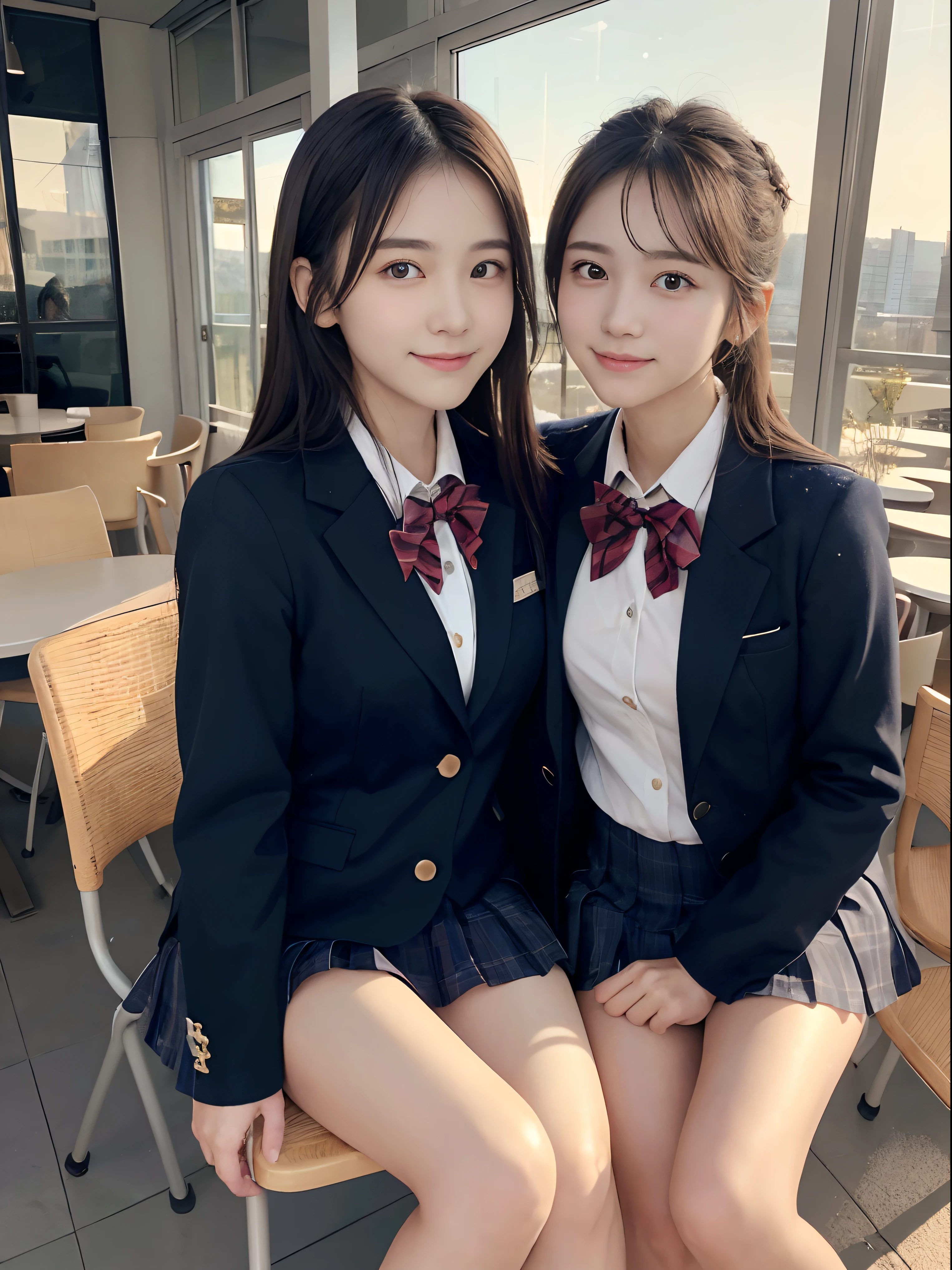 (Close up portrait of two girl with slender small breasts and twin-tailed hair in winter blazer school uniform:1.5)、(Two girl sitting on the chair and drinking hot latte on café terrace:1.3)、(Golden hour  café :1.3)、(Perfect Anatomy:1.3)、(complete hands:1.3)、(complete fingers:1.3)、Photorealsitic、Raw photography、masutepiece、top-quality、hight resolution、delicate and pretty、face perfect、Beautiful detailed eyes、Fair skin、Real Human Skin、pores、((thin legs))、(Dark hair)