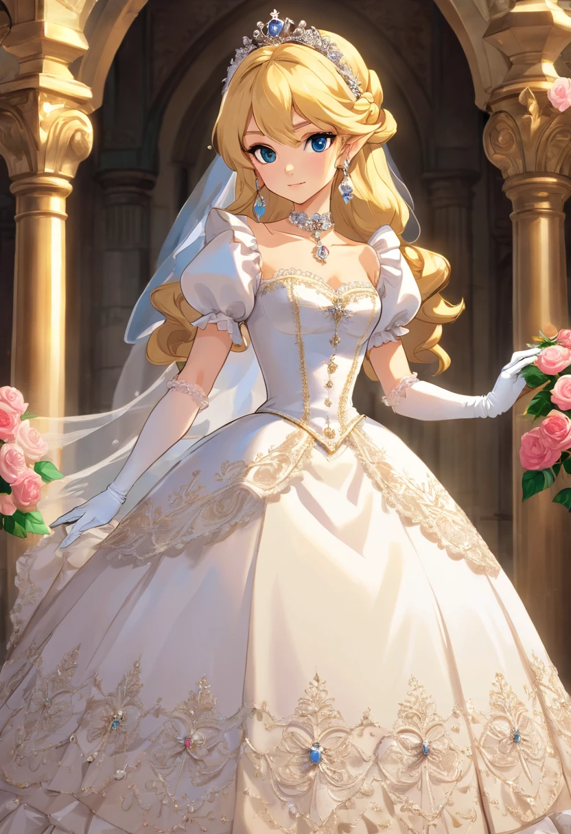 A stunningly beautiful blonde fairytale Princess shining with Royal Pomp and Regal Splendor, wearing a Stately and (((Elaborate))) Royal Cinderella Wedding Dress of Silver and White Brocade, with (((enormous puffed sleeves))) a stiffly boned, padded and corseted bodice, an hourglass waist, a (((huge crinoline hoopskirt))) and (((bustle))), adorned with ribbons, bows, roses, lace, ruffles, frills, embroidery, and jewels, elaborately curled and styled hair, long white gloves, pearl and diamond necklace and earrings