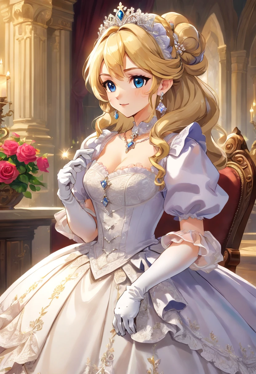 A stunningly beautiful blonde fairytale Princess shining with Royal Pomp and Regal Splendor, wearing a Stately and (((Elaborate))) Royal Cinderella Wedding Dress of Silver and White Brocade, with (((enormous puffed sleeves))) a stiffly boned, padded and corseted bodice, an hourglass waist, a (((huge crinoline hoopskirt))) and (((bustle))), adorned with ribbons, bows, roses, lace, ruffles, frills, embroidery, and jewels, elaborately curled and styled hair, long white gloves, pearl and diamond necklace and earrings
