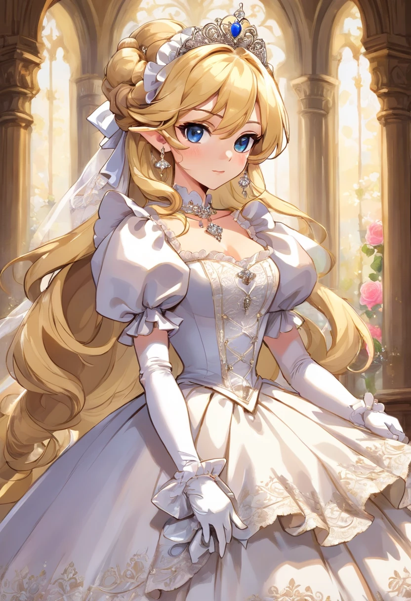 A stunningly beautiful blonde fairytale Princess shining with Royal Pomp and Regal Splendor, wearing a Stately and (((Elaborate))) Royal Cinderella Wedding Dress of Silver and White Brocade, with (((enormous puffed sleeves))) a stiffly boned, padded and corseted bodice, an hourglass waist, a (((huge crinoline hoopskirt))) and (((bustle))), adorned with ribbons, bows, roses, lace, ruffles, frills, embroidery, and jewels, elaborately curled and styled hair, long white gloves, pearl and diamond necklace and earrings