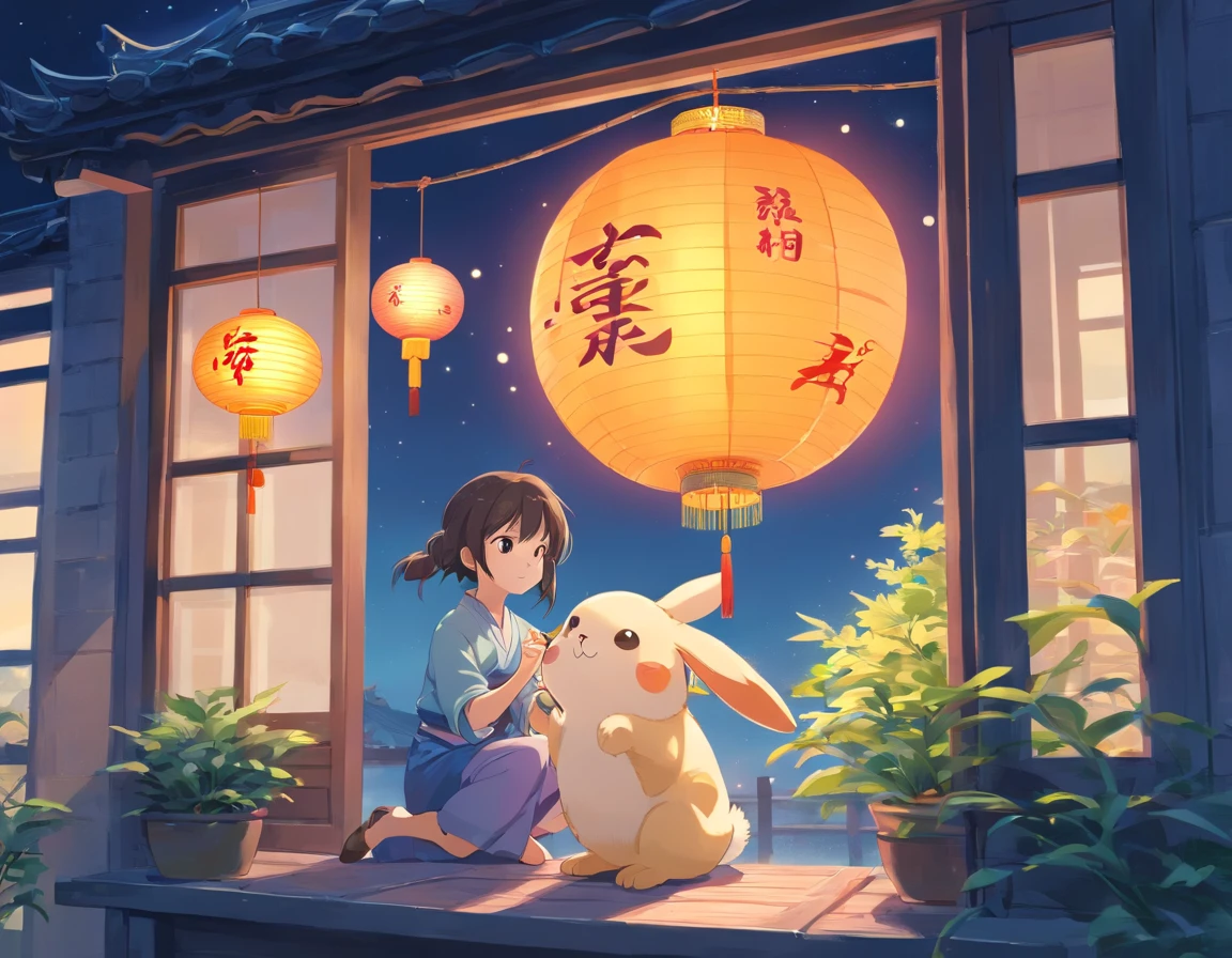 (pastelcolor:1.3)、(cute illustration:1.3)、(watercolor paiting:1.1),（A rabbit：1.4）, Leaning against the window, Look up at the moon, themoon；1.2，（（sweet osmanthus，Kongming Lantern，Meniscus，Moon cake：1.3）），Mid-Autumn Festival atmosphere：1.3，（Chinese kanji：1.3），Traditional Chinese illustration style, Digital art, Simple background, Masterpiece on white background, Best quality, Ultra-detailed, High quality, 4K