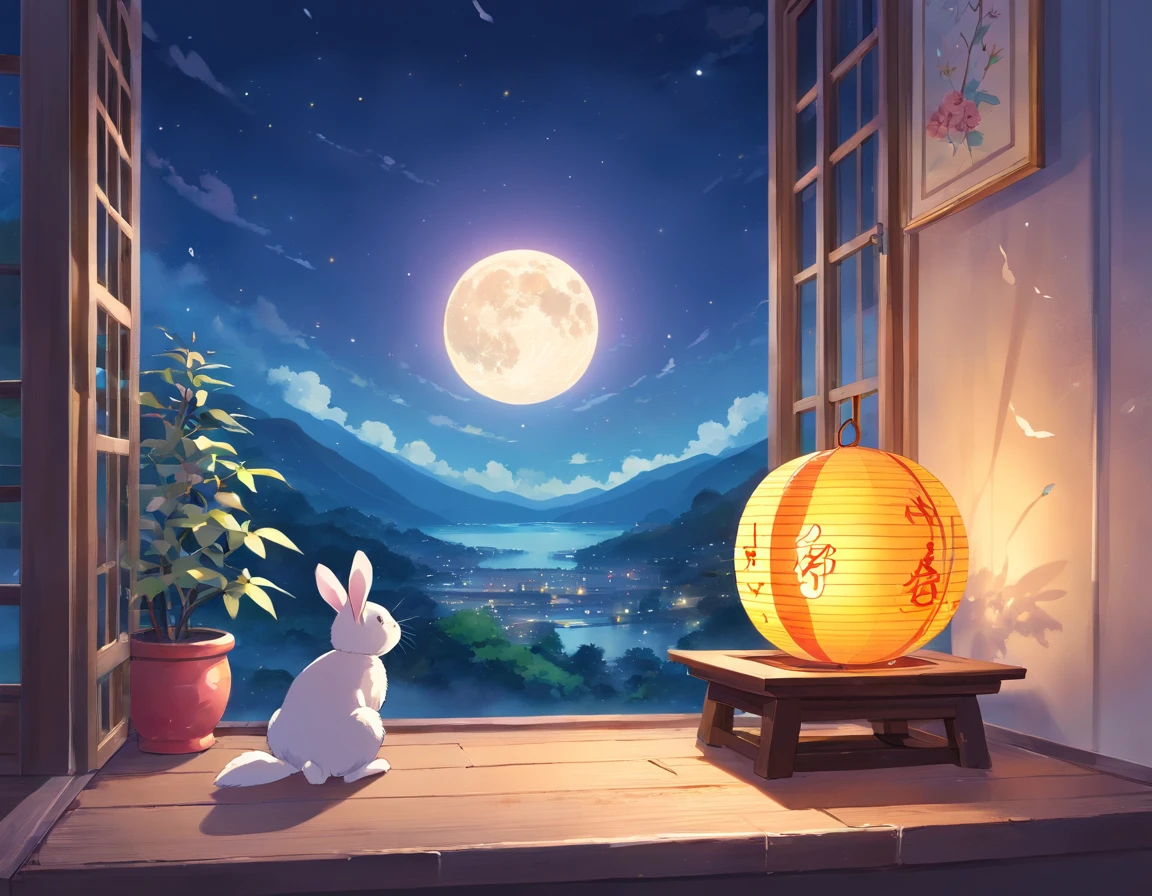 (pastelcolor:1.3)、(cute illustration:1.3)、(watercolor paiting:1.1),(A rabbit:1.4), Leaning against the window, Look up at the moon, themoon;1.2,((sweet osmanthus,Kongming Lantern,Meniscus,Moon cake:1.3)),Mid-Autumn Festival atmosphere:1.3,(Chinese kanji:1.3),Traditional Chinese illustration style, Digital art, Simple background, Masterpiece on white background, Best quality, Ultra-detailed, High quality, 4K