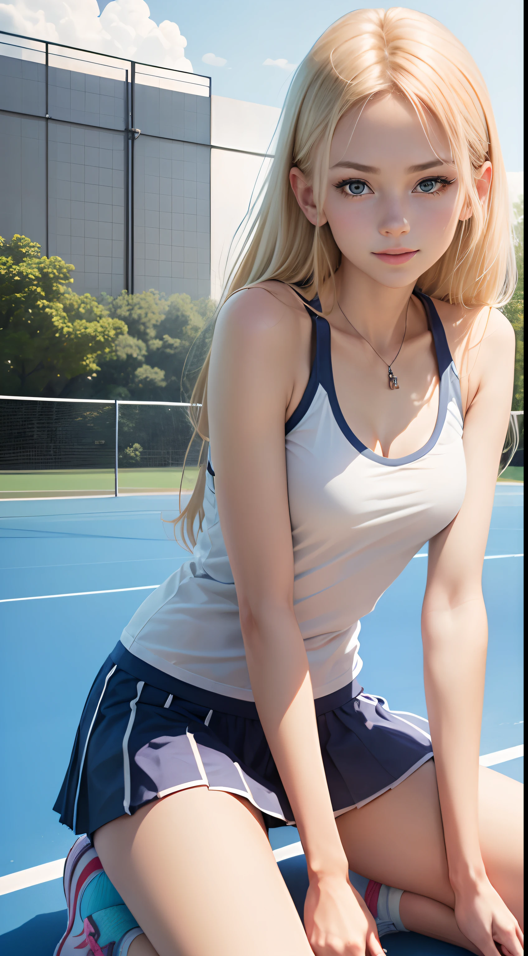 1girl in、Top image quality、Young Adult Women、hposing Gravure Idol、a blond、blue eyes、Tennis court on background、Tennis Wear、sneakers、A slender、realisticlying、ren、A slight smil、Be sure to draw your face、Correctly delineate the structure of a person、