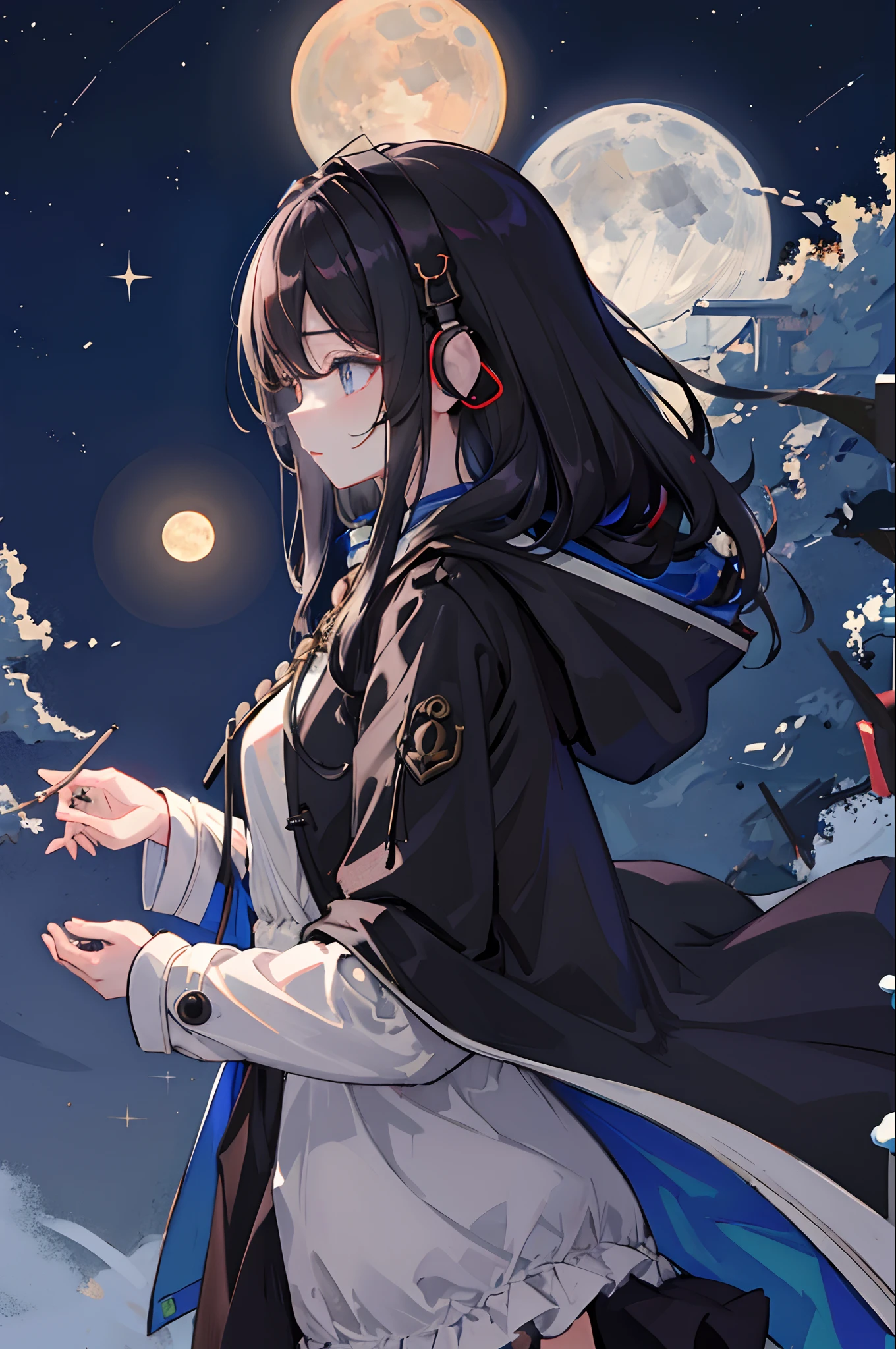 (masuter piece、side lights、ultra-detailliert、inely detailed beautiful eyes: 1.2)、1girl in、bags、buliding、From Side、headphones、hoods、Hood down、hooded jacket、parka、jaket、long、Black hair、profile、A dark-haired、独奏、masterpiece、top-quality、natta、nighttime scene、a moon、stele