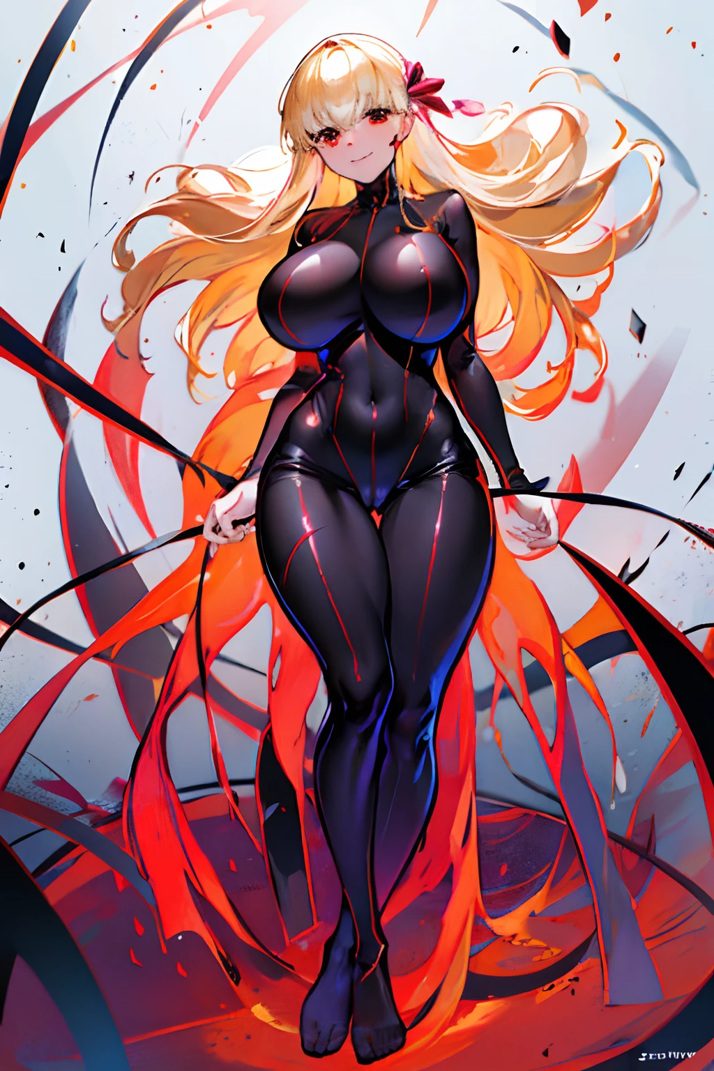 a blond Black full body suit Red lines all over the body huge tit Big ass Whip thighs bare-legged seductiv a smile succubus Playing with feet