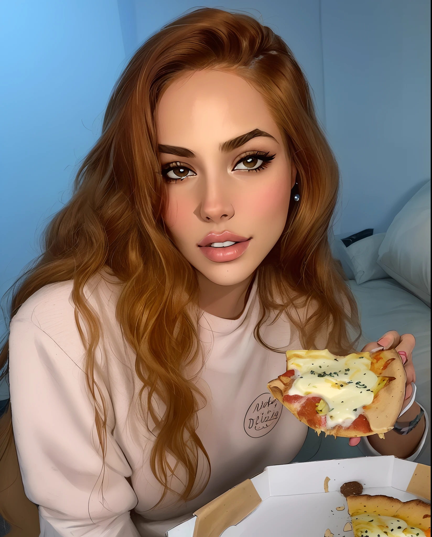 Mulher de cabelos castanhos claros, pelo bronzeada, olhos castanhos detalhados, boca entreaverta, thick lips, Long messy hair, linda, image-like traits. uma fatia de pizza de uma caixa, comer pizza, comer uma pizza, segurando pizza, Vanessa Morgan, inspirado em Pia Fries, Retrato de Vanessa Morgan, Kailee Mandel, she has messy hair, inspirado em Kaja Foglio, Mukbang, Angelina Stroganova, Andorinha Toron