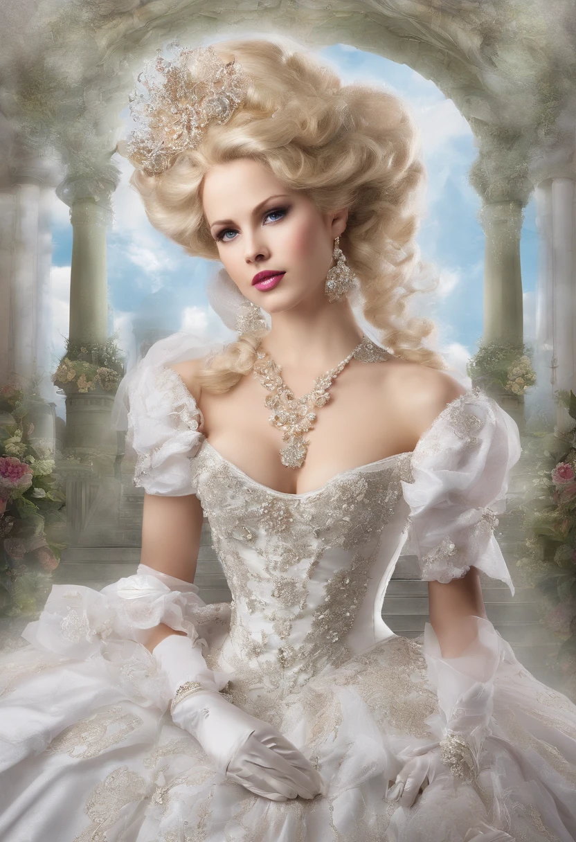 A stunningly beautiful blonde fairytale Princess shining with Royal Pomp and Regal Splendor, wearing a Stately and (((Elaborate))) Royal Cinderella Wedding Dress of Silver and White Brocade, with (((enormous puffed sleeves))) a stiffly boned, padded and corseted bodice, an hourglass waist, a (((huge crinoline hoopskirt))) and (((bustle))), adorned with ribbons, bows, roses, lace, ruffles, frills, embroidery, and jewels, elaborately curled and styled hair, long white gloves, pearl and diamond necklace and earrings