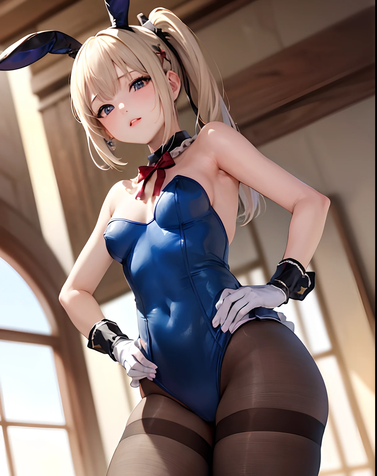​masterpiece、hiquality、1girl in、独奏、Marie Rose、cowboy  shot、embarassed expression、casino、((bunnygirl))、((Leotard))、((pantyhose))、Put one hand on your hip、(White cuffs)、natta、(Chest bare from the neck)