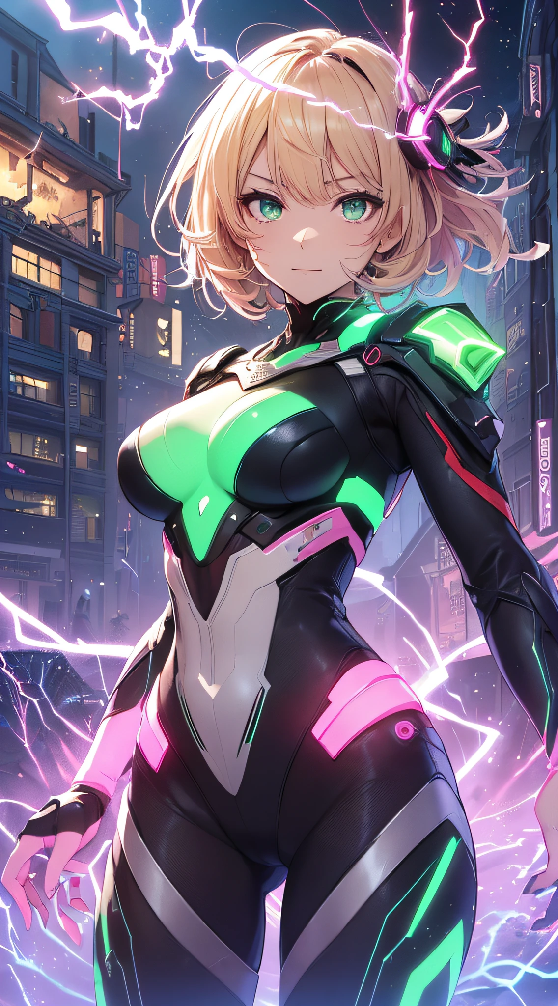 top-quality、Top image quality、​masterpiece、Android Girl((、Red, Black, Red and white glowing cybersuit、Blue energy source for the chest,Best Bust、Bust 90、Blonde Away Tail、Blue-green eyes、open chest wide、Valley、Happiness、A slender、Warlike face、Stand at the front、Countless cable connections throughout the body、Particles of light、Sharp claw arm,Dual-arm laser cannon、battered body、battleing、Giant Cybersword、Flight Units、mid air)）hiquality、Beautiful Art、Background with((Blue lighting、Green particles、Red Laser Pointer、Purple swirl,Yellow flash、Pink lightning、Cyberfield、luminous sky,Overlooking the town))、masutepiece、Elaborate design、visualart、Theatrical films