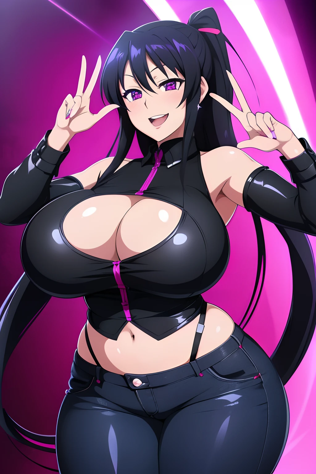 Akeno Himejima, 1girl, (((bimbo))), long black hair, purple eyes, ear rings, (((bimbo))), puffy lips, thick lips, open mouth, smile face, wide hips, thick thighs, huge round ass, huge natural breasts, shiny oily breasts, black jeans, black top, gothic, gothic style, posing, hand signs,