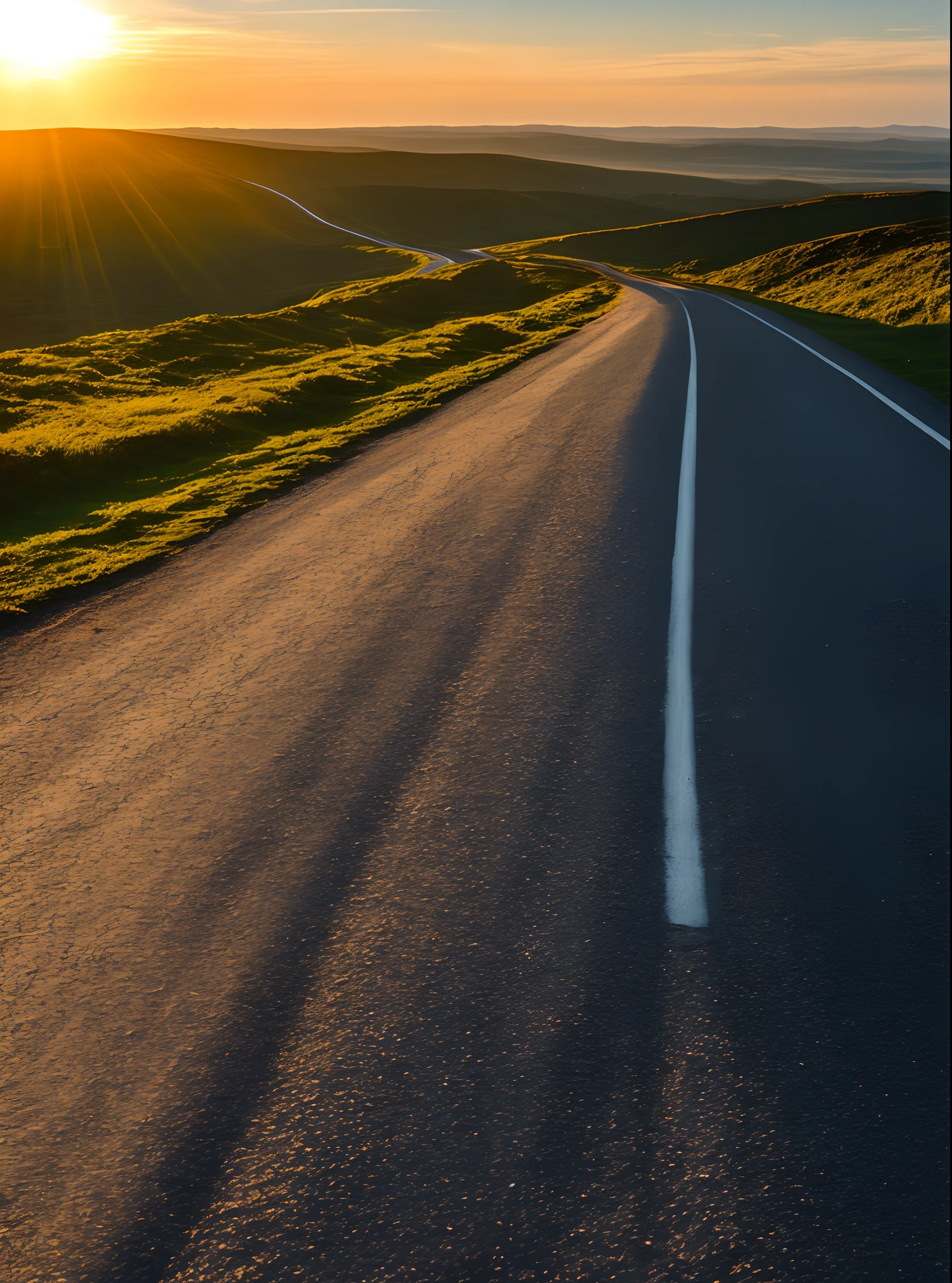 The image of a long, winding road,Bright light leading to the horizon,Bright morning,Sun'rays