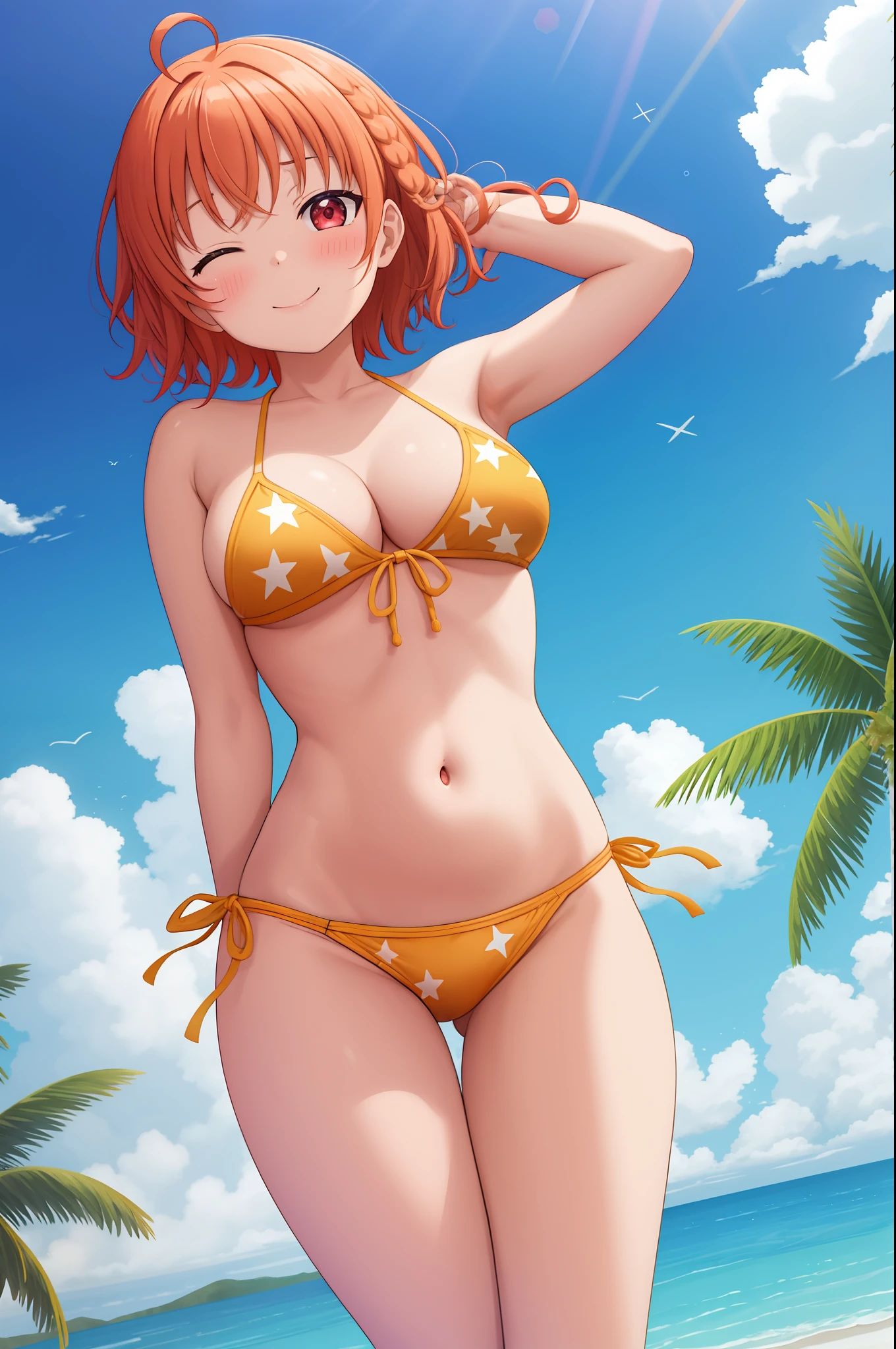 masterpiece, best quality, (1girl:1.000), (takami chika:1.000), curvy body, (bikini:0.995), (side-tie bikini:0.992), (swimsuit:0.991), (red eyes:0.988), (solo:0.985), (yellow bikini:0.981), (one eye closed:0.966), (navel:0.962), (star \(symbol\):0.958), (braid:0.937), (ahoge:0.924), (yellow footwear:0.921), (orange hair:0.880), (yellow bow:0.852), (smile:0.836), (breasts:0.834), (bangs:0.812), (v:0.810),(armpits:0.781), (standing:0.768), (medium breasts:0.760), (side braid:0.744), (short hair:0.693), arms behind back, (blush:0.598), (bow:0.588), (full body:0.572), (hair ornament:0.560), (looking at viewer:0.543), (simple background:0.524), (orange bikini:0.503)
